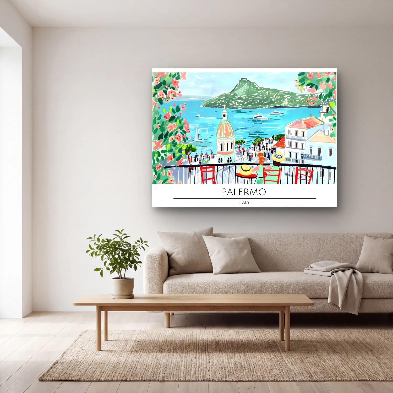 Pastel Akdeniz Sahil Kasabası No. 35 cam tablo — açık renk salonda