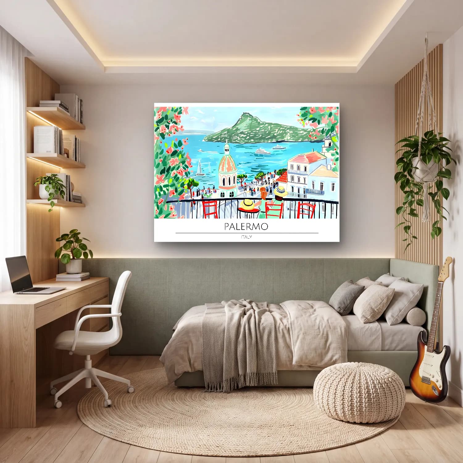 Pastel Akdeniz Sahil Kasabası No. 35 cam tablo — genç odasında