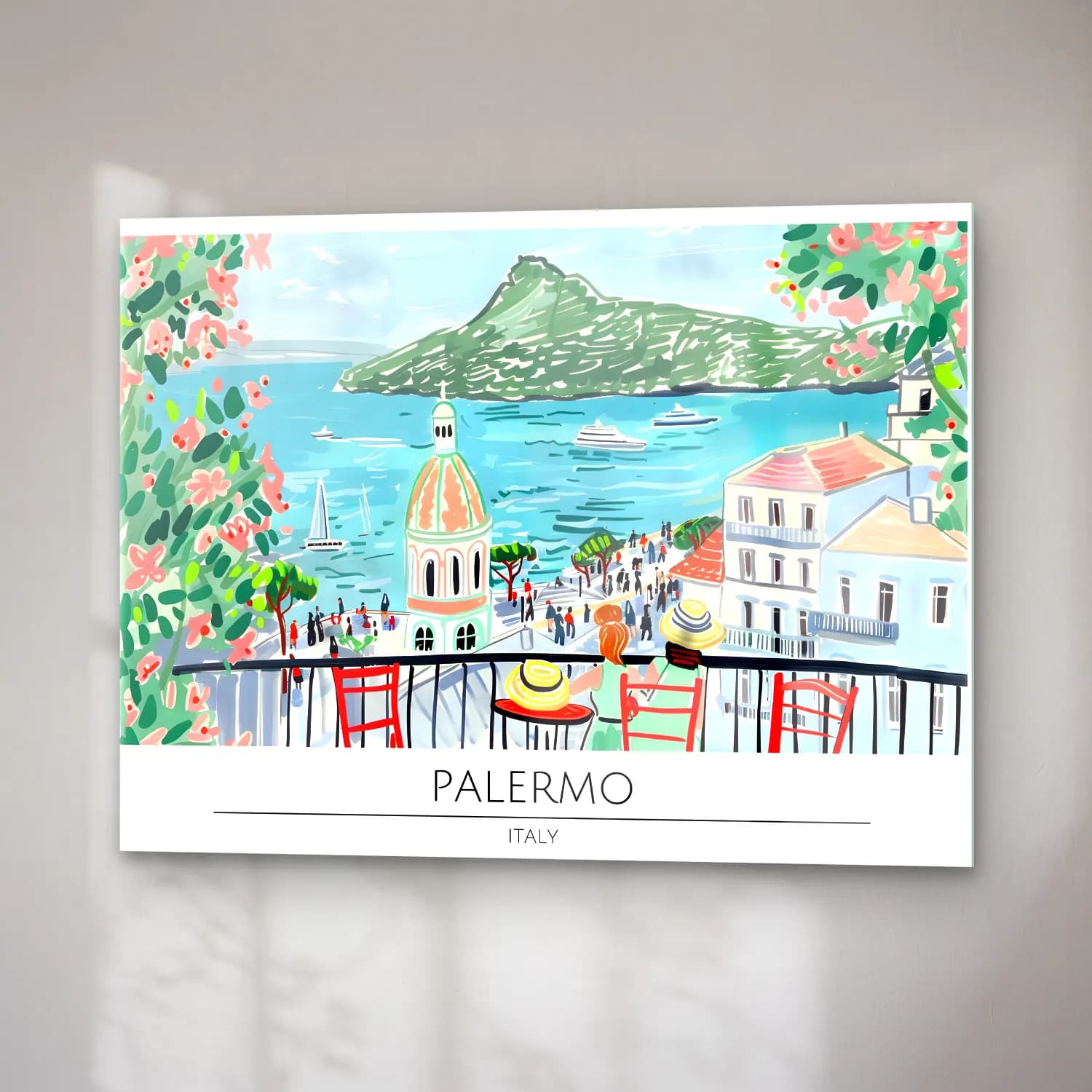 Pastel Akdeniz Sahil Kasabası No. 35 cam tablo — sağ açıdan görünüm