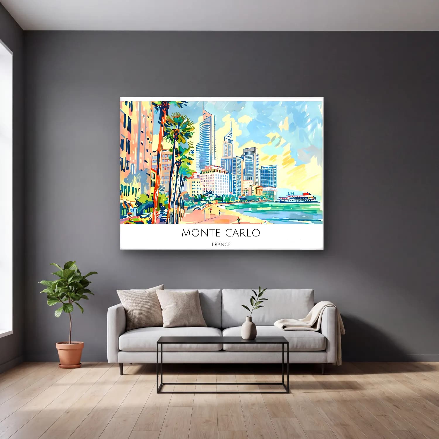 Vintage Poster Akdeniz Sahil Kasabası – Pastel Tonlar cam tablo — gri duvarlı salonda