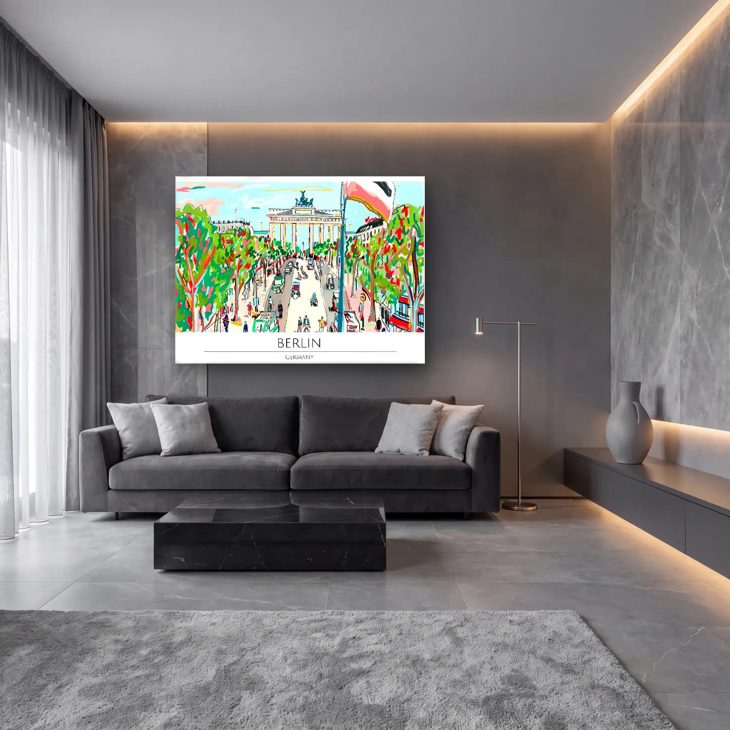 Bauhaus Kafeli Avrupa Sokağı cam tablo — lüks salon duvarında