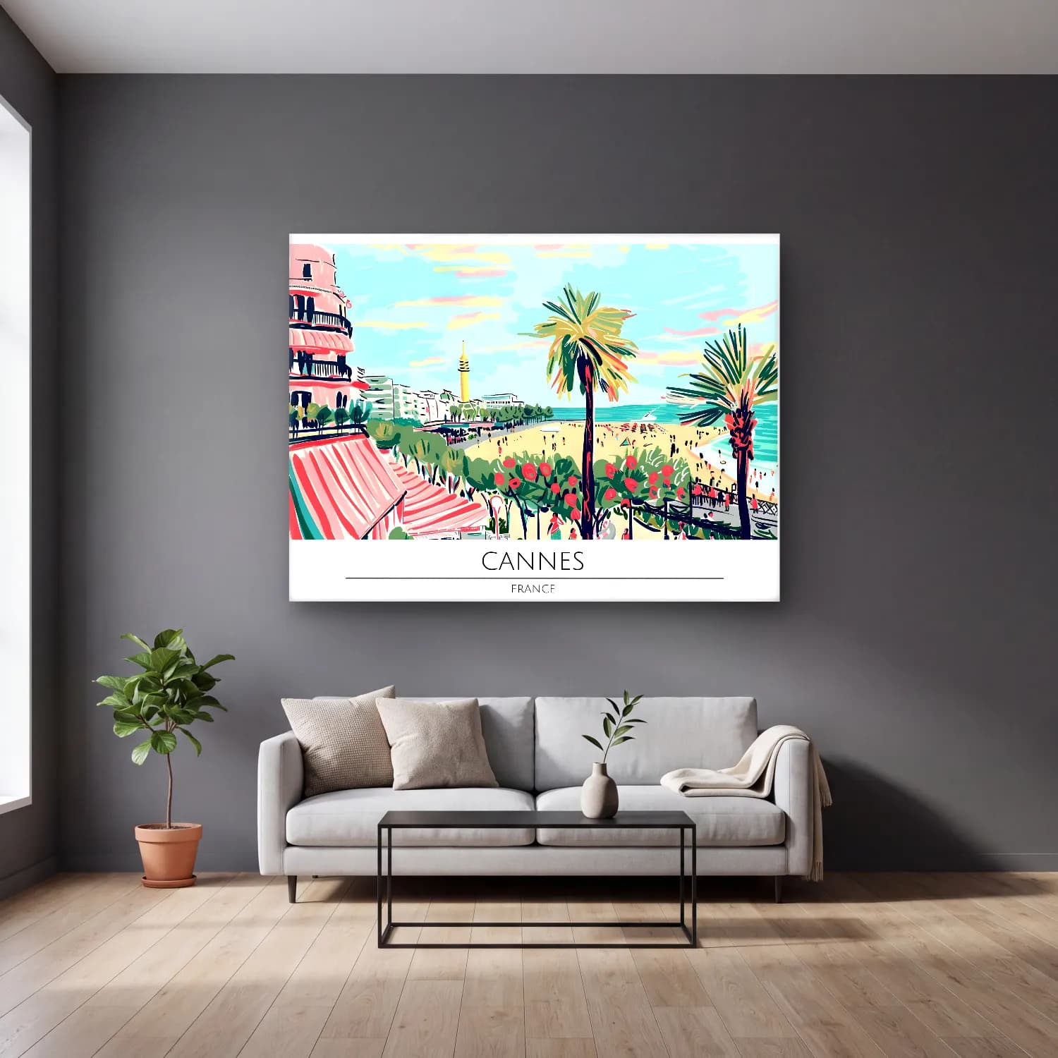 Pastel Akdeniz Sahil Kasabası No. 36 cam tablo — gri duvarlı salonda