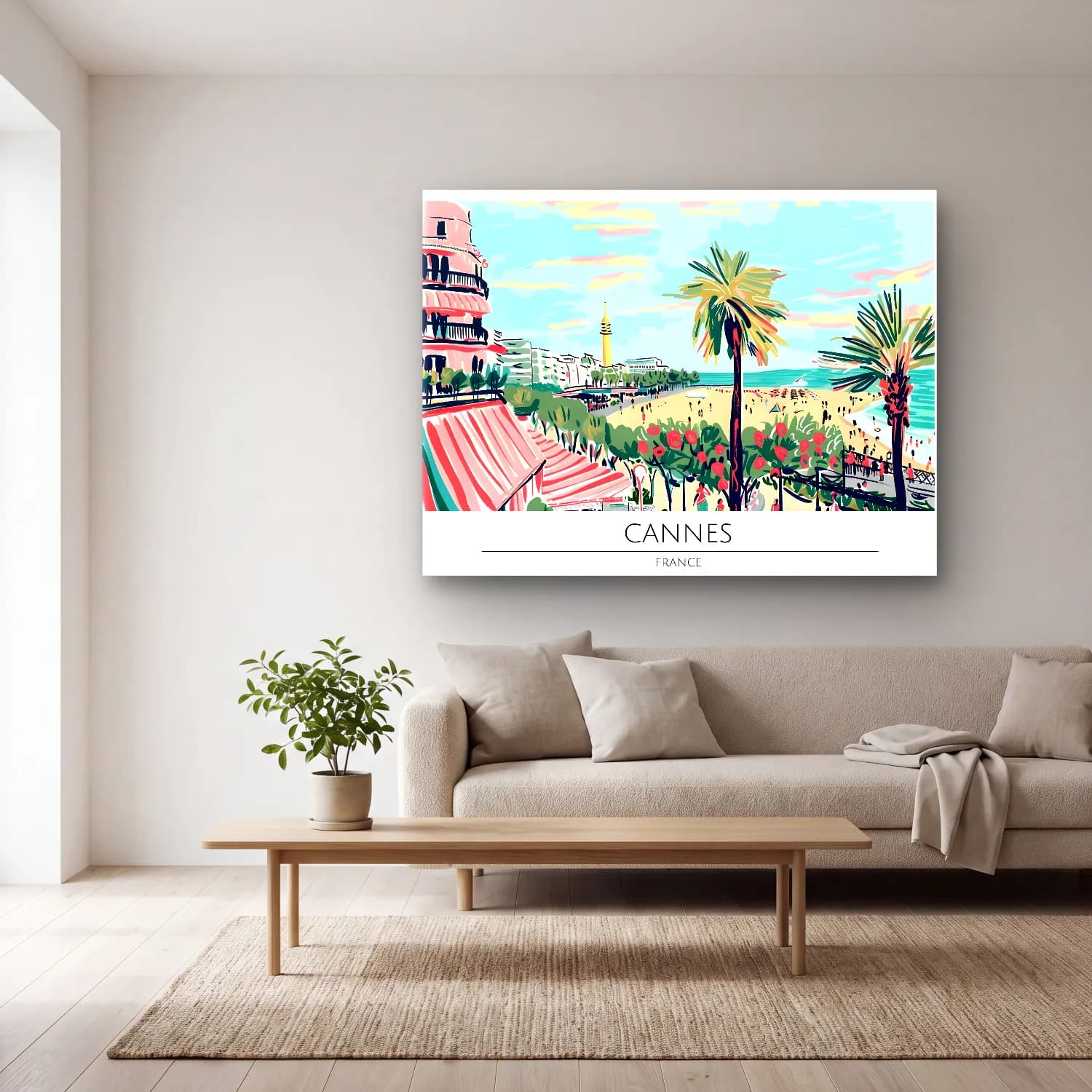 Pastel Akdeniz Sahil Kasabası No. 36 cam tablo — açık renk salonda
