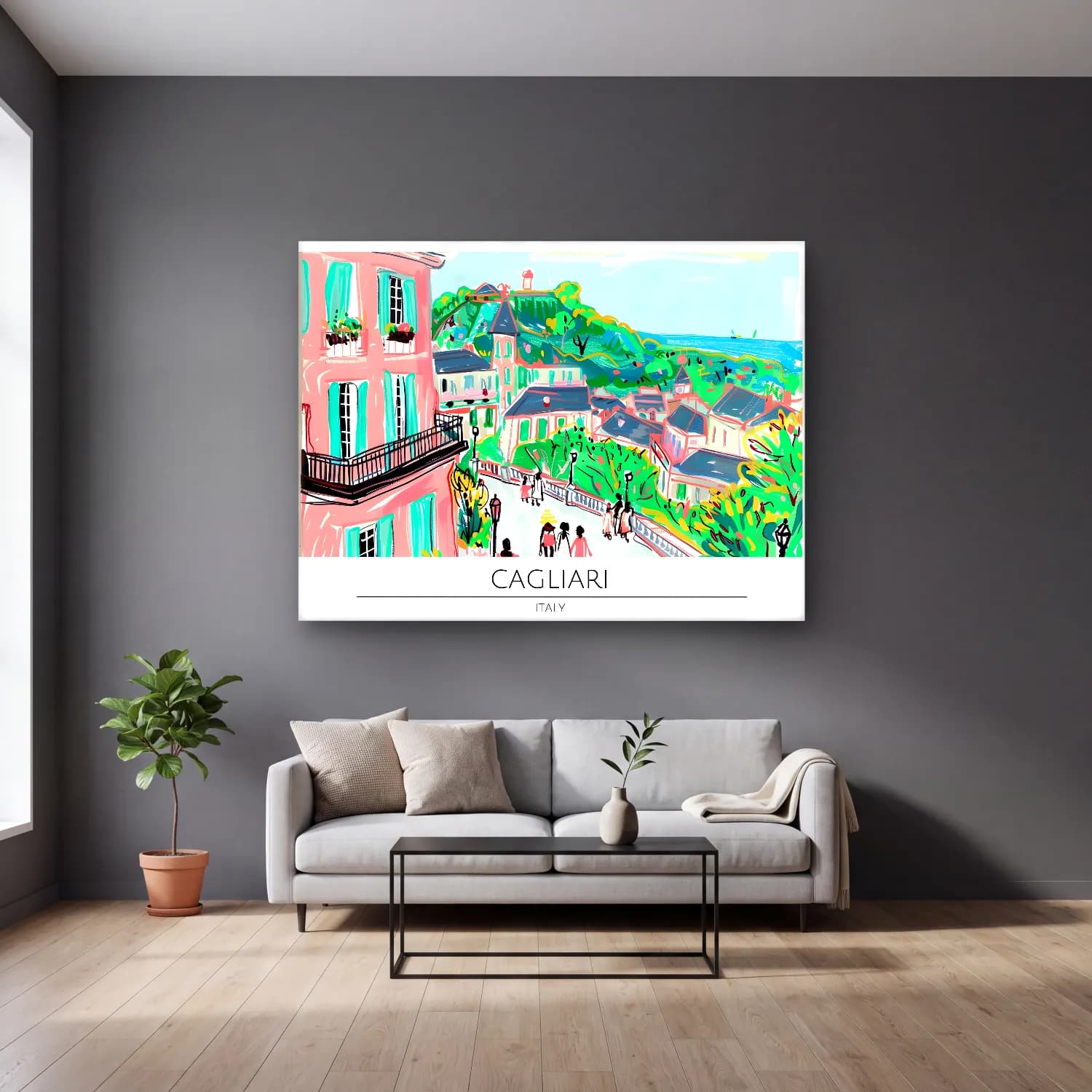 Pastel Akdeniz Sahil Kasabası No. 37 cam tablo — gri duvarlı salonda