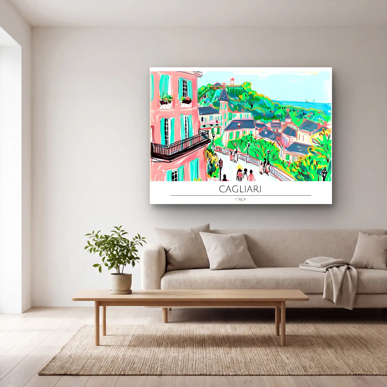 Pastel Akdeniz Sahil Kasabası No. 37 cam tablo — açık renk salonda