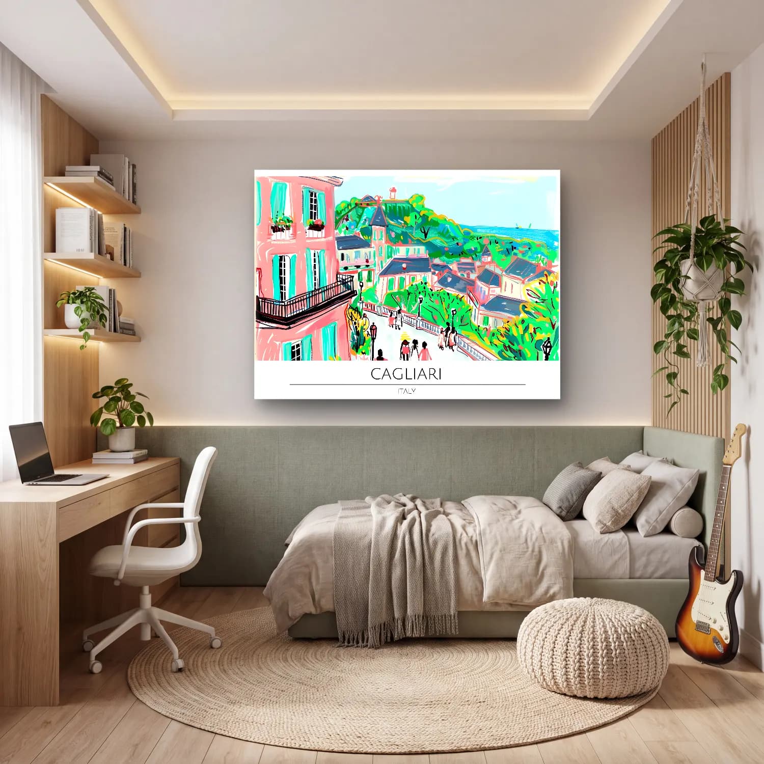 Pastel Akdeniz Sahil Kasabası No. 37 cam tablo — genç odasında