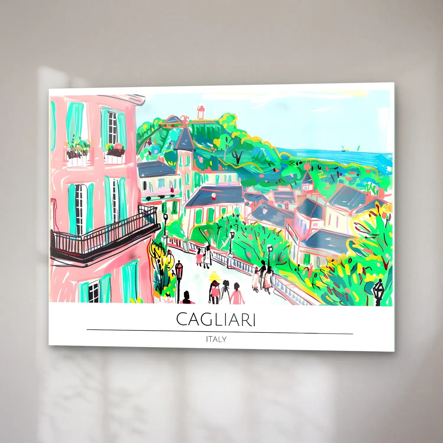 Pastel Akdeniz Sahil Kasabası No. 37 cam tablo — sağ açıdan görünüm