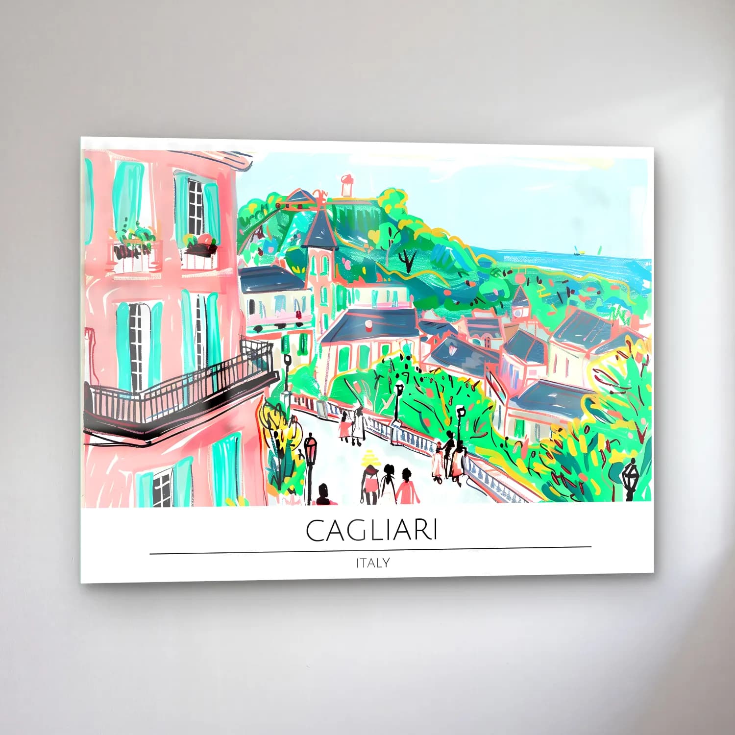 Pastel Akdeniz Sahil Kasabası No. 37 cam tablo — sol açıdan görünüm
