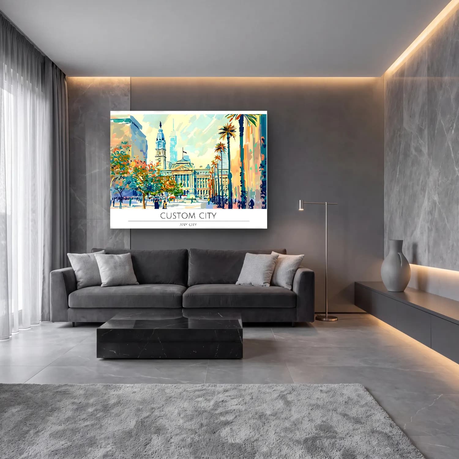 Pastel New York Silüeti No. 13 cam tablo — lüks salon duvarında