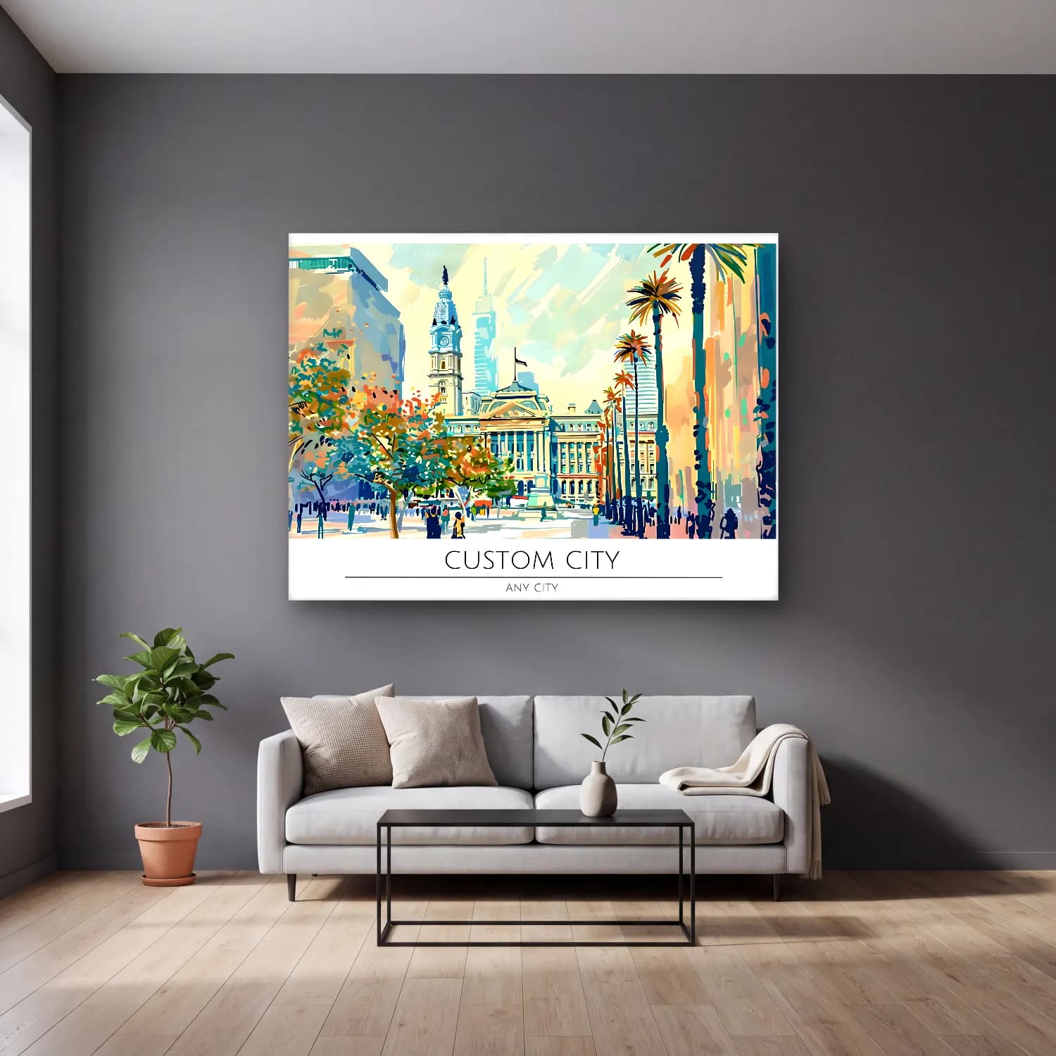 Pastel New York Silüeti No. 13 cam tablo — gri duvarlı salonda