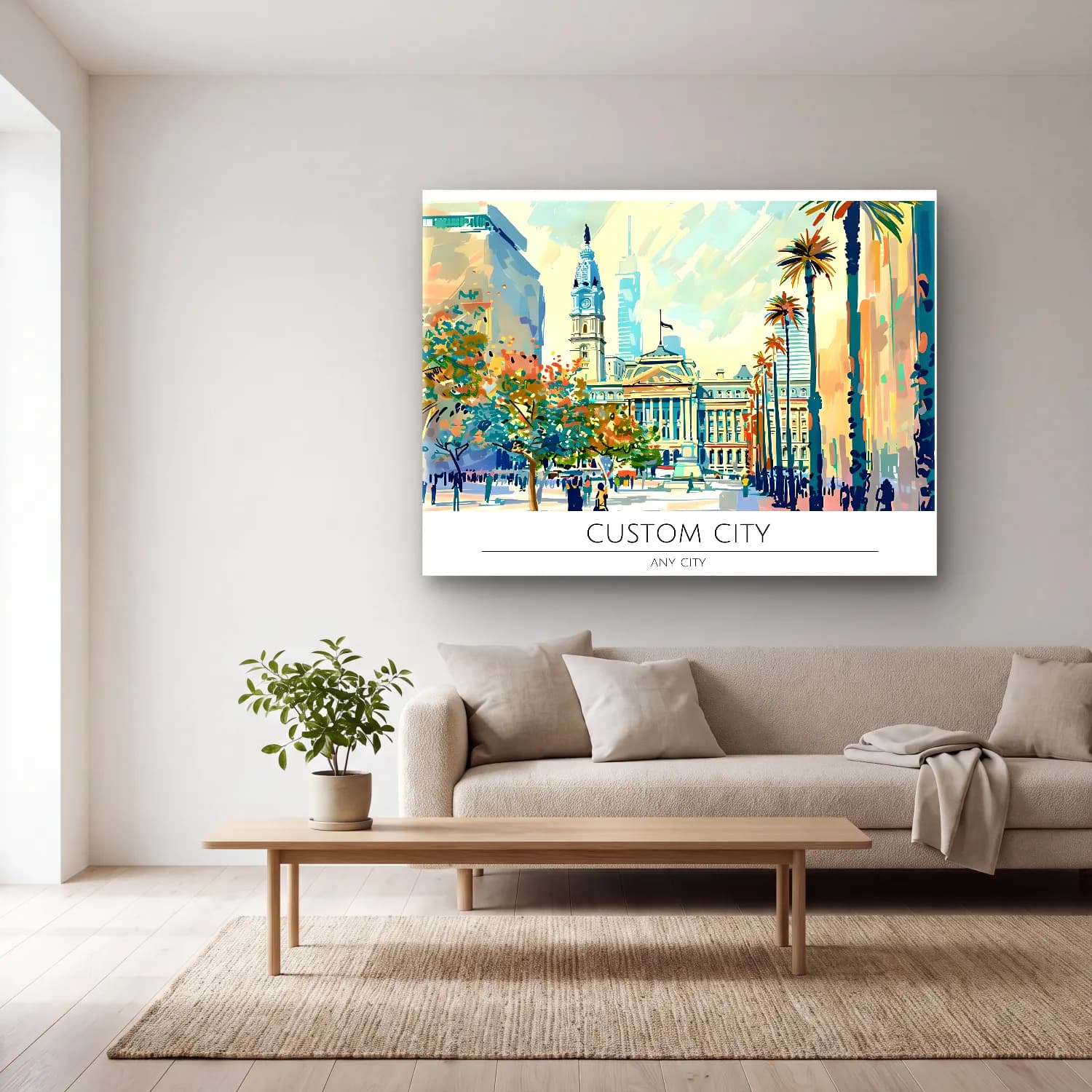 Pastel New York Silüeti No. 13 cam tablo — açık renk salonda