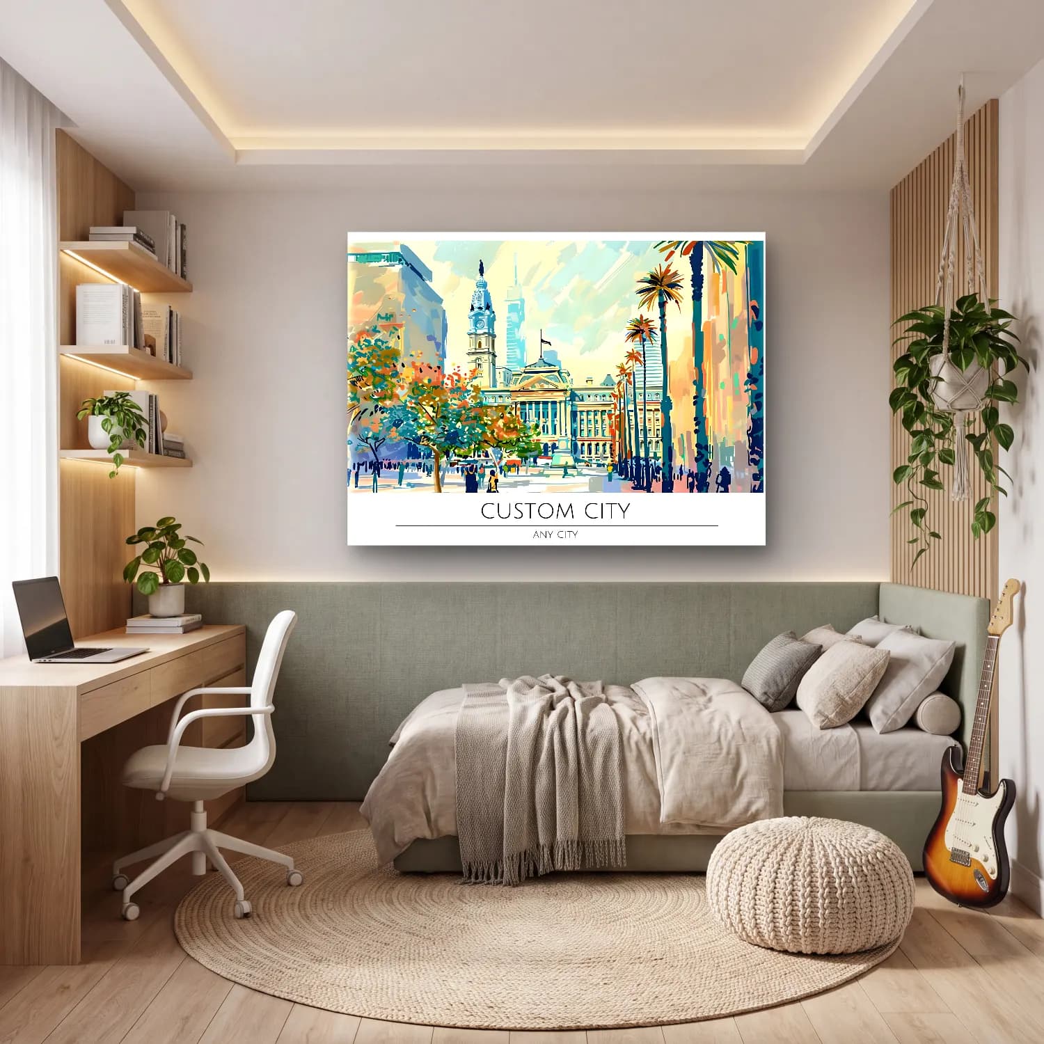 Pastel New York Silüeti No. 13 cam tablo — genç odasında
