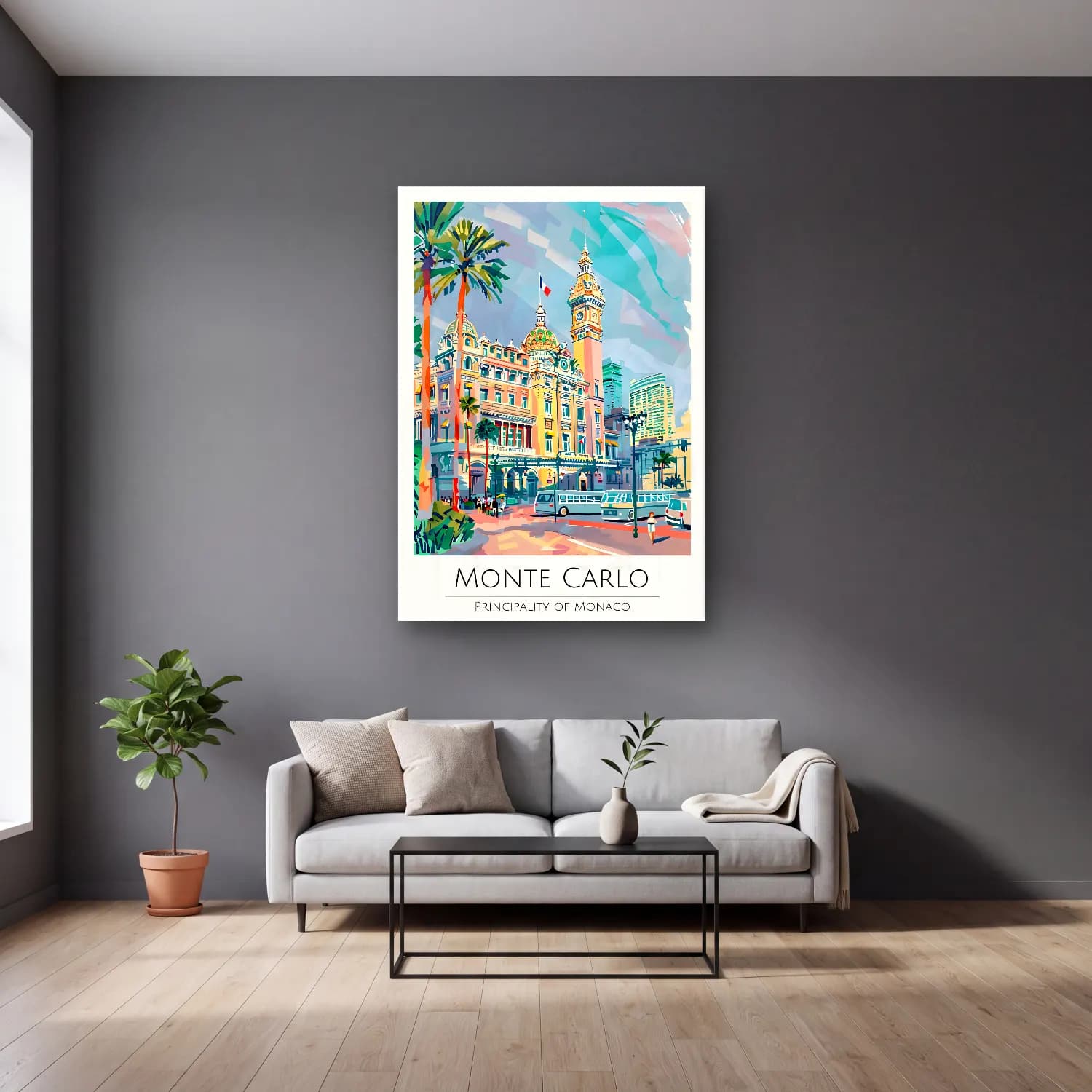 Pastel Akdeniz Sahil Kasabası No. 38 cam tablo — gri duvarlı salonda