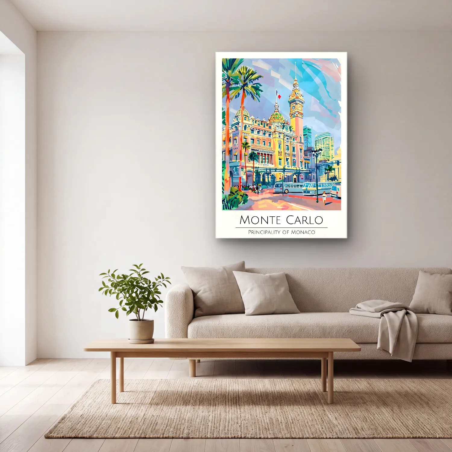 Pastel Akdeniz Sahil Kasabası No. 38 cam tablo — açık renk salonda