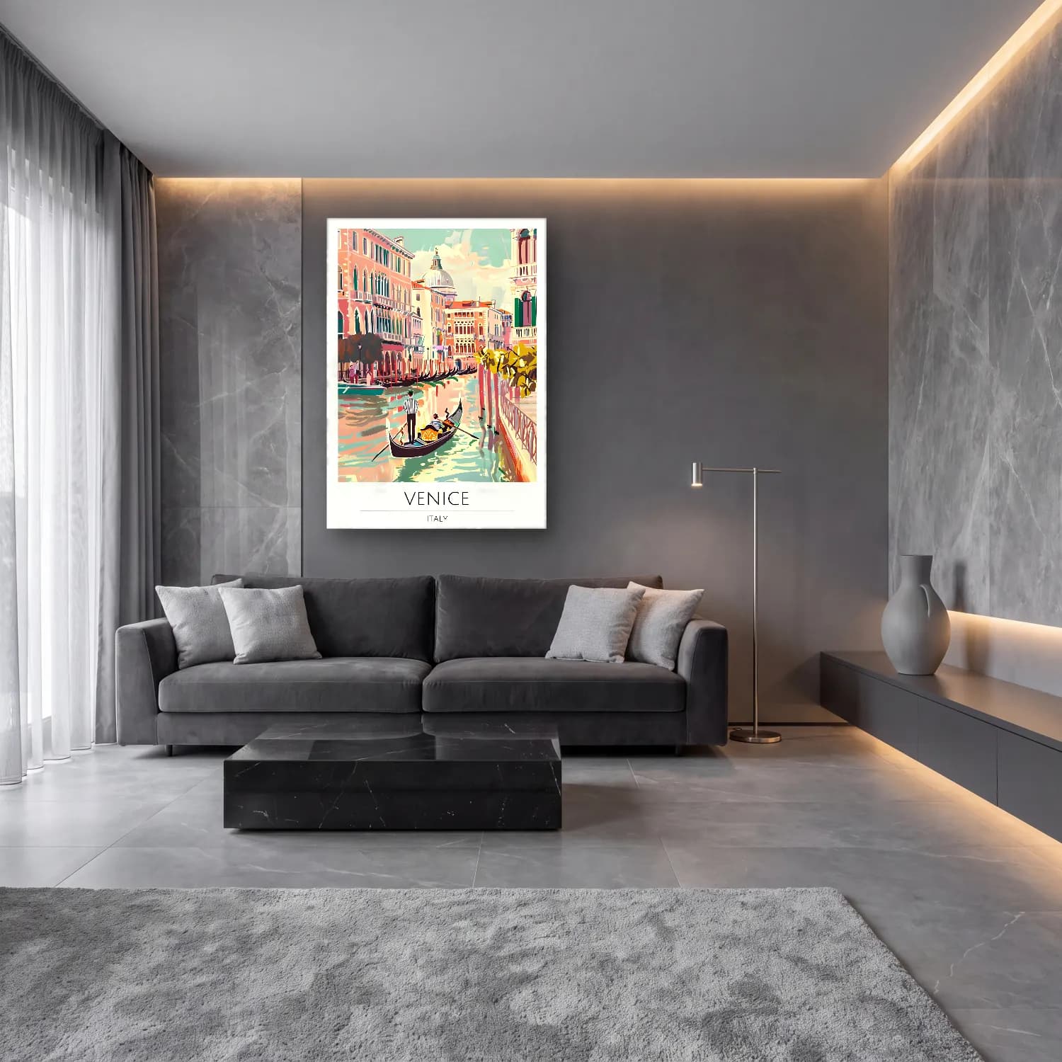 Vintage Poster Venedik Kanalları – Pembe Tonlar cam tablo — lüks salon duvarında