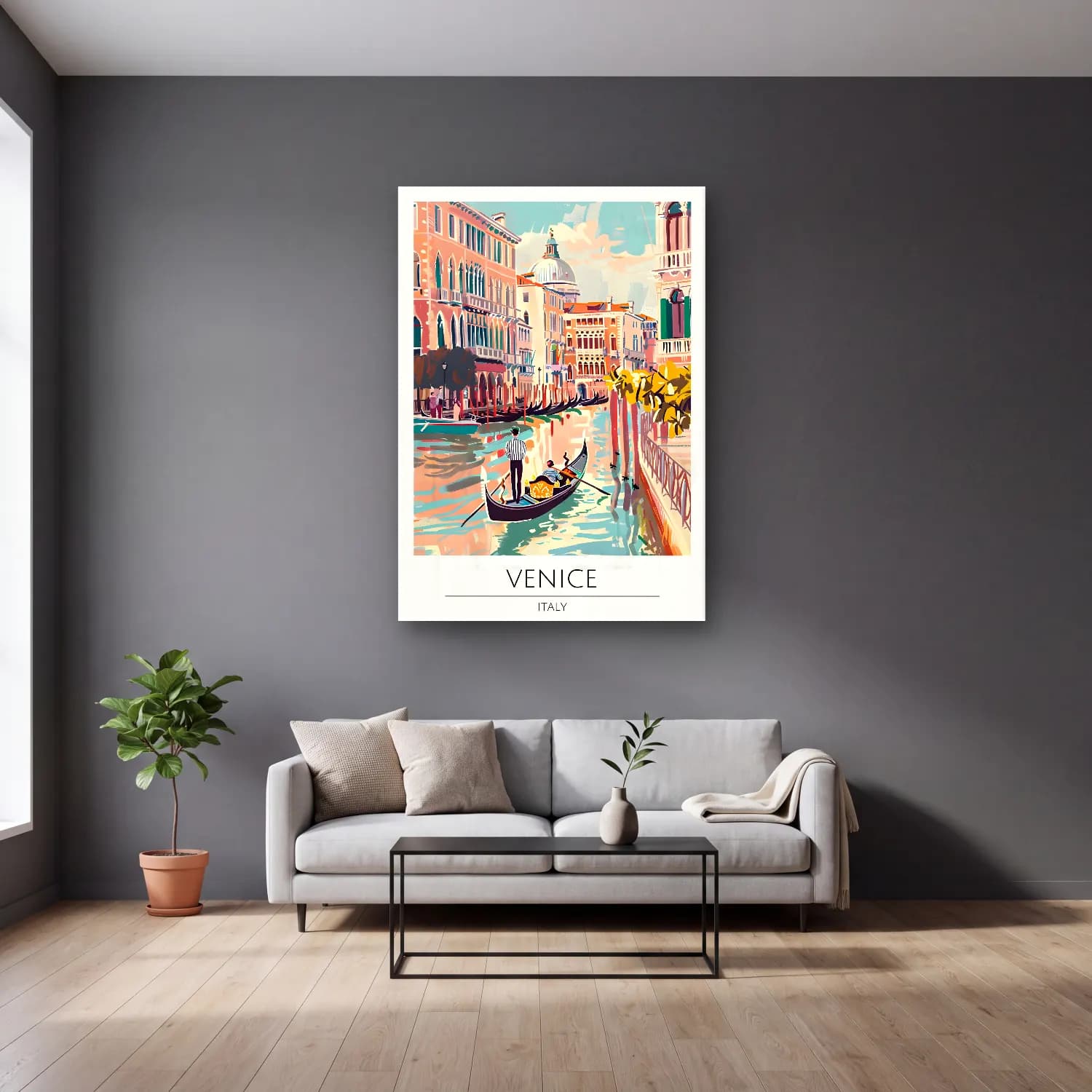 Vintage Poster Venedik Kanalları – Pembe Tonlar cam tablo — gri duvarlı salonda