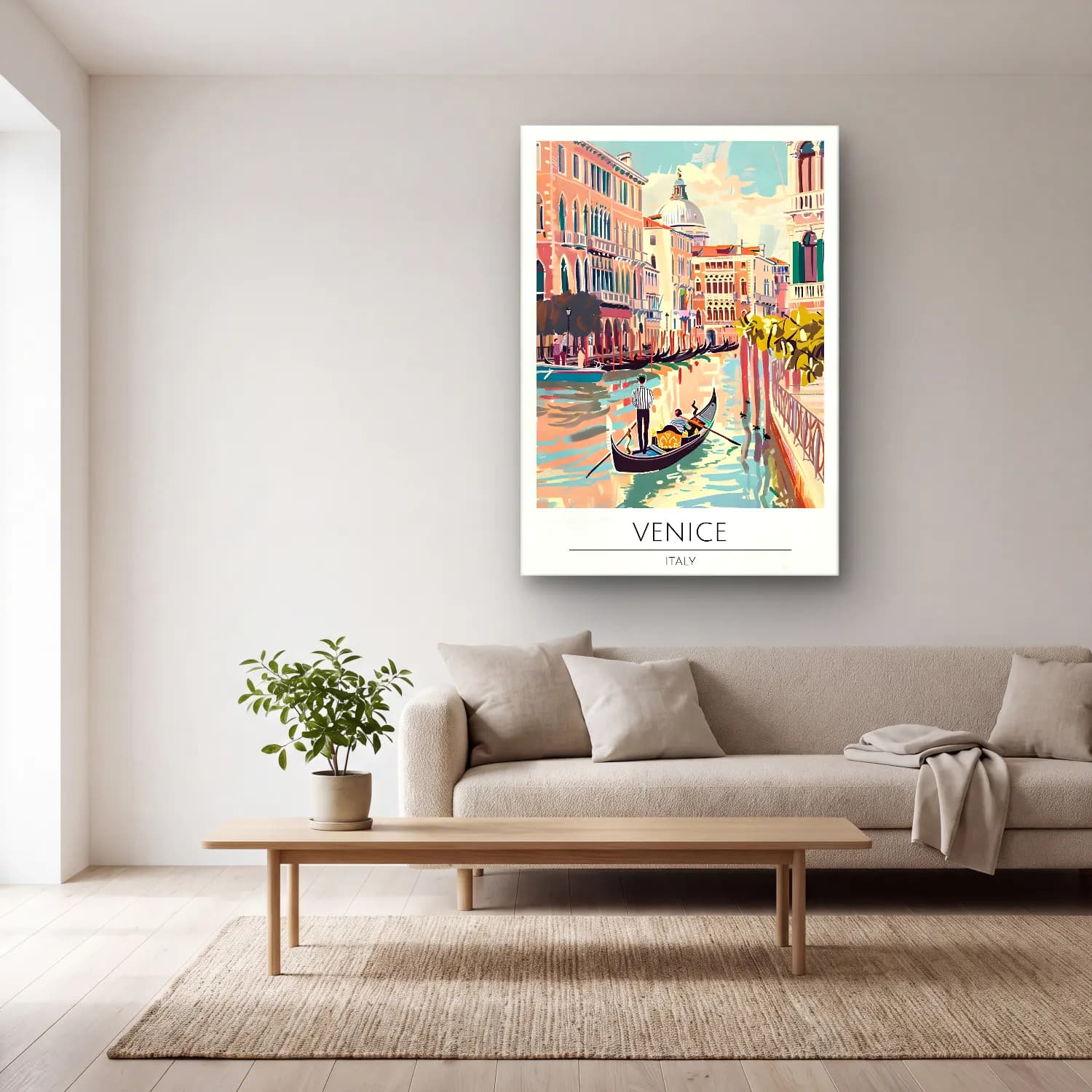 Vintage Poster Venedik Kanalları – Pembe Tonlar cam tablo — açık renk salonda