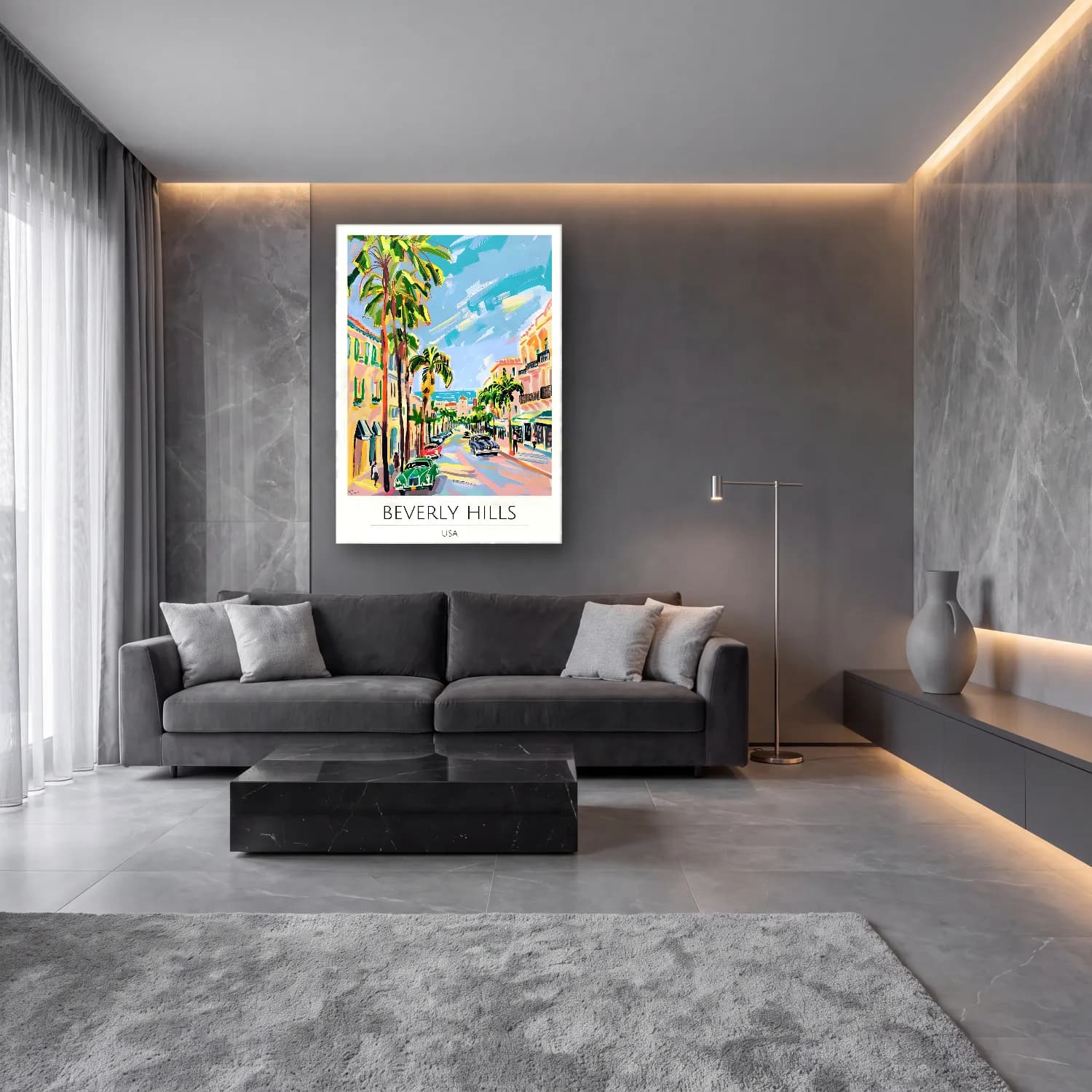 Pastel Akdeniz Sahil Kasabası No. 39 cam tablo — lüks salon duvarında