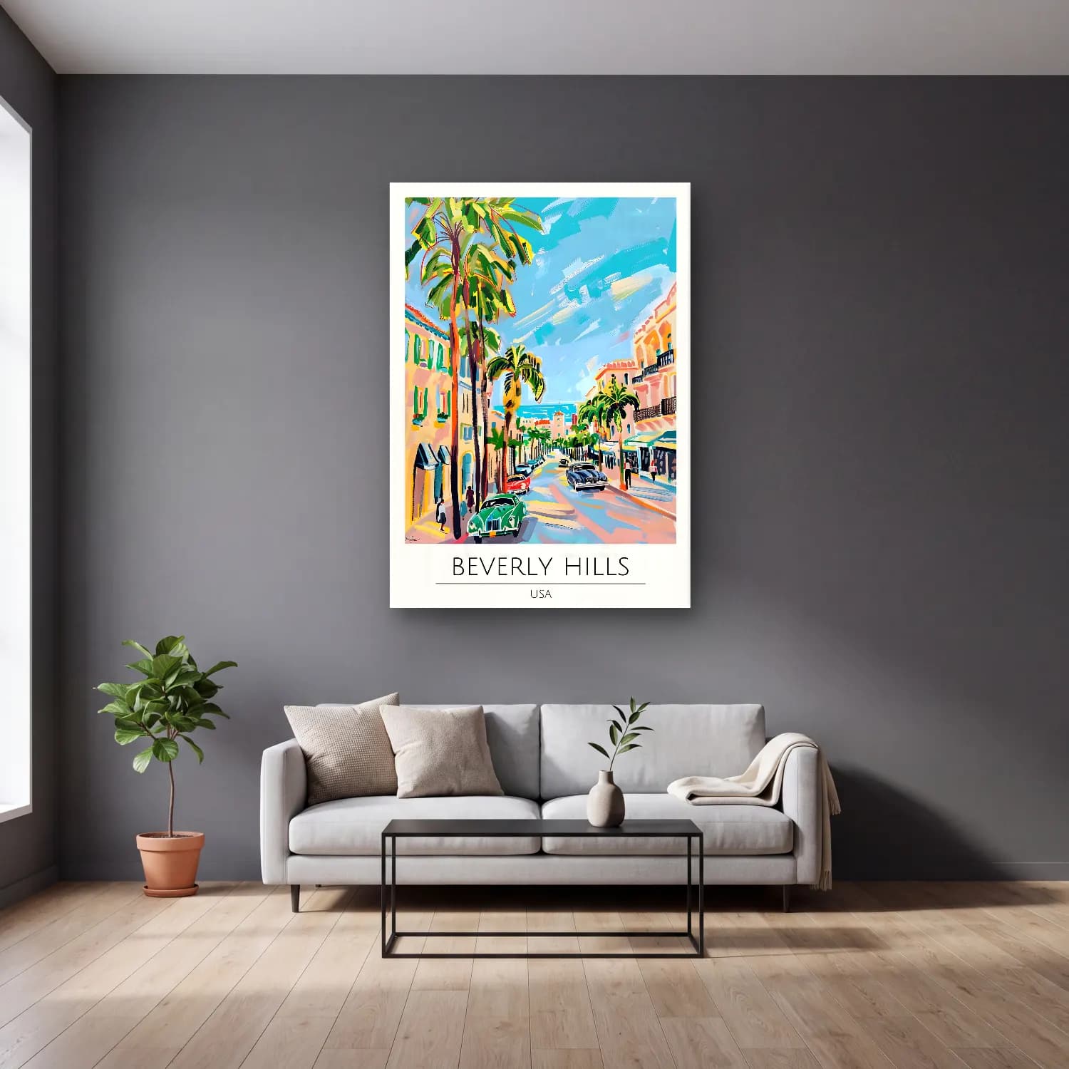 Pastel Akdeniz Sahil Kasabası No. 39 cam tablo — gri duvarlı salonda