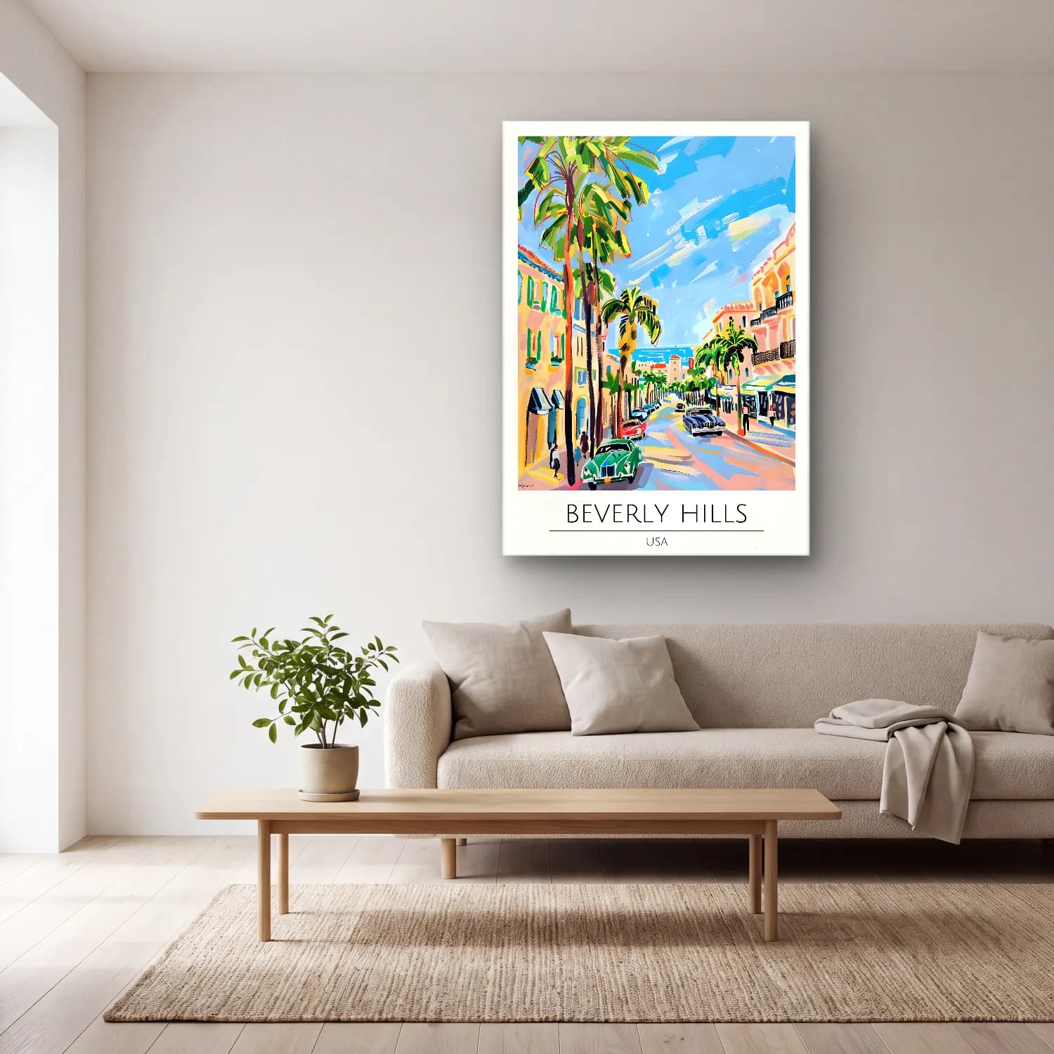 Pastel Akdeniz Sahil Kasabası No. 39 cam tablo — açık renk salonda