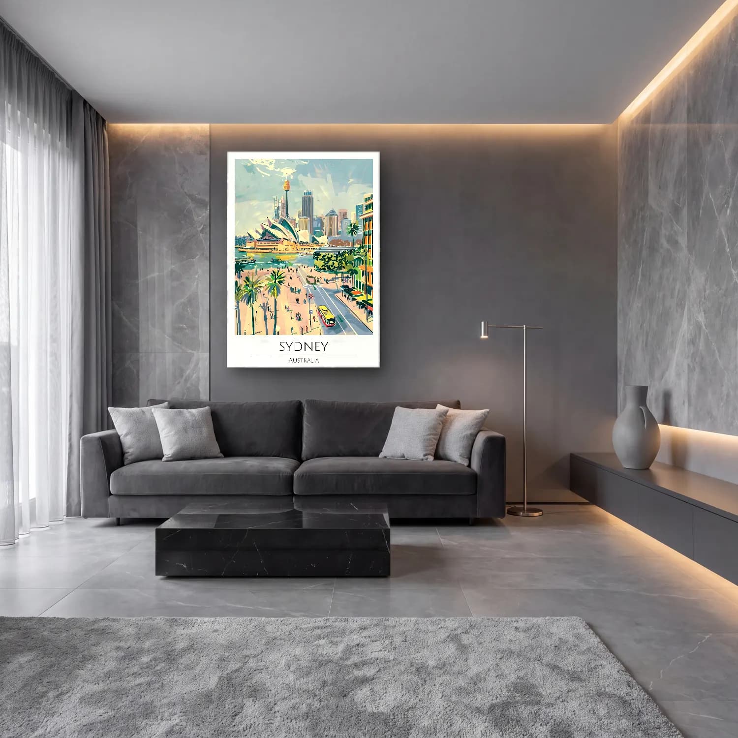 Pastel Liman ve Tekneler No. 11 cam tablo — lüks salon duvarında
