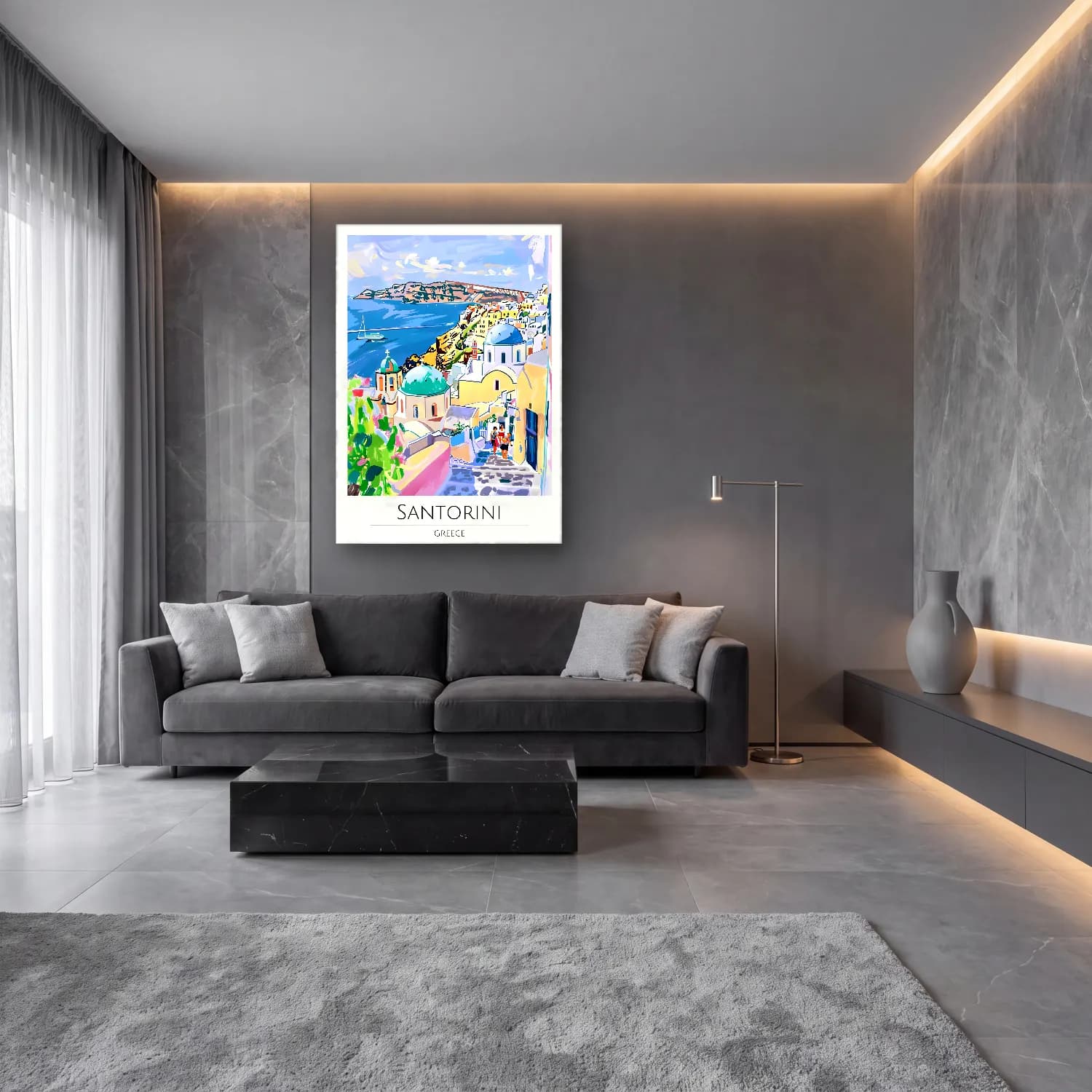 Pastel Akdeniz Sahil Kasabası – Mavi Tonlar cam tablo — lüks salon duvarında