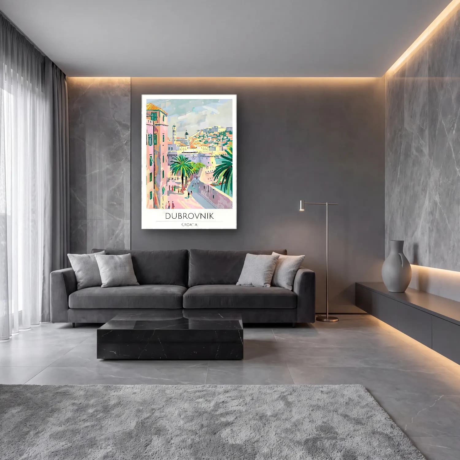 Pastel Akdeniz Sahil Kasabası No. 41 cam tablo — lüks salon duvarında