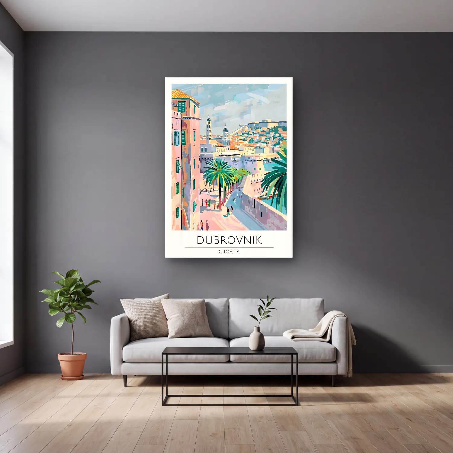 Pastel Akdeniz Sahil Kasabası No. 41 cam tablo — gri duvarlı salonda