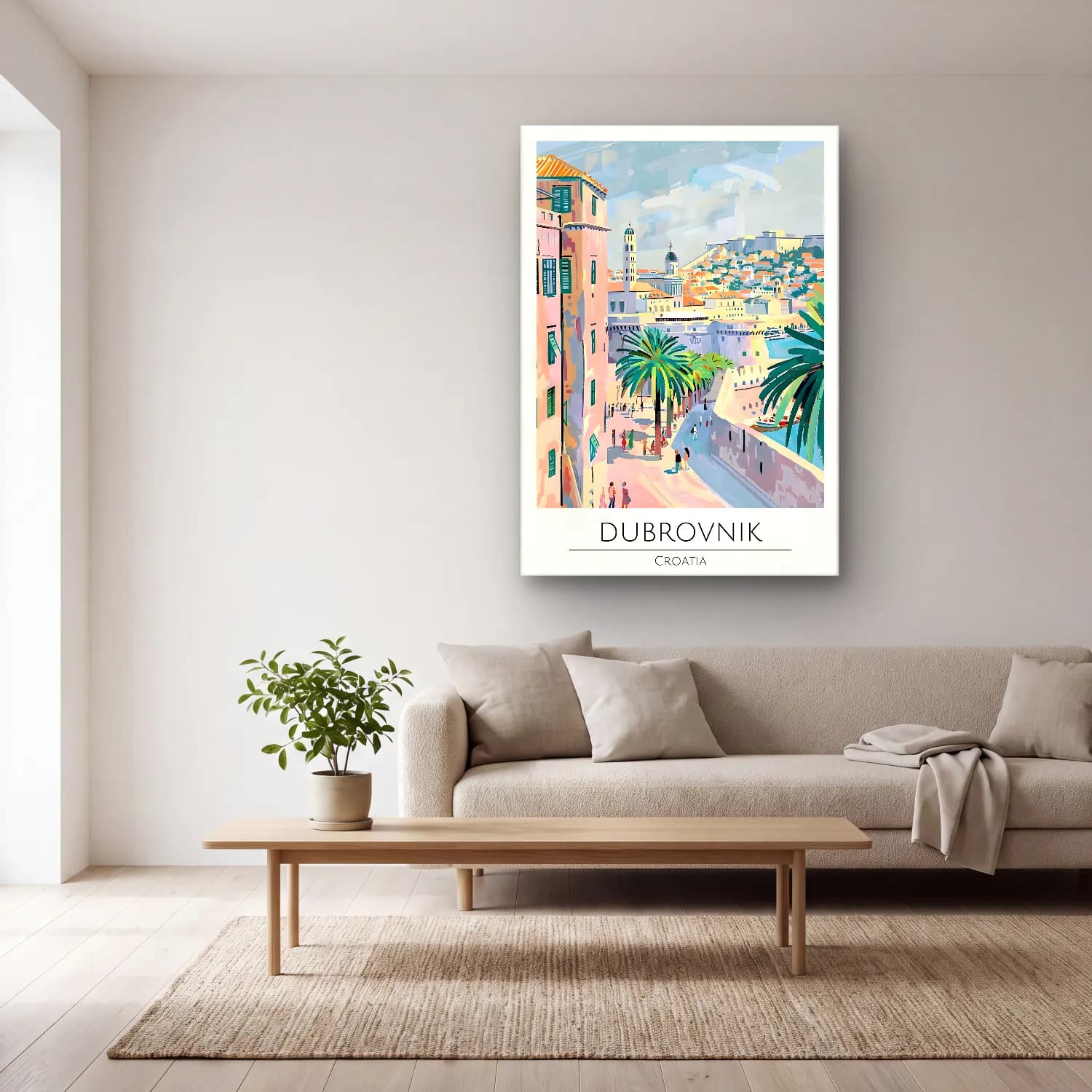 Pastel Akdeniz Sahil Kasabası No. 41 cam tablo — açık renk salonda