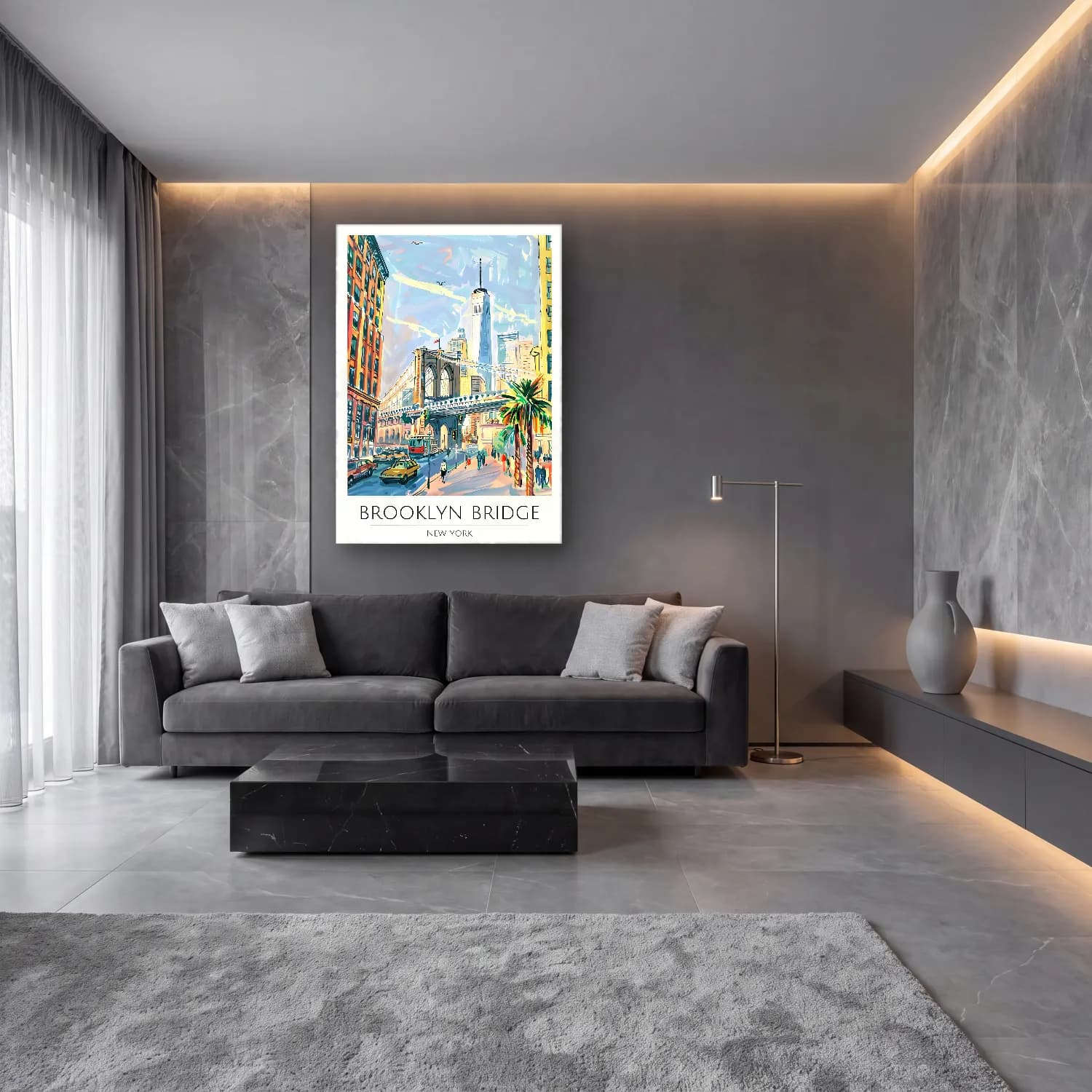 Pastel New York Silüeti No. 14 cam tablo — lüks salon duvarında