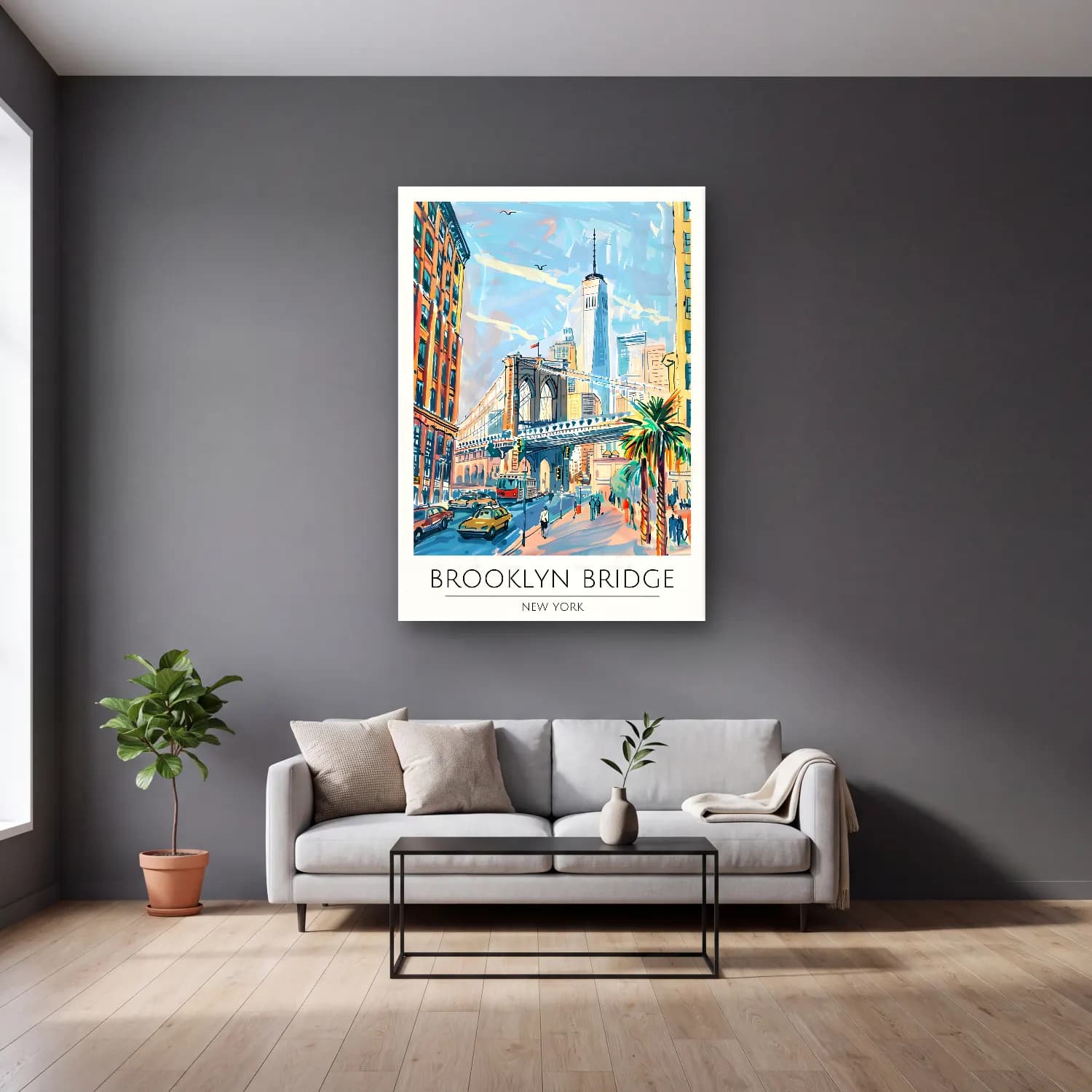 Pastel New York Silüeti No. 14 cam tablo — gri duvarlı salonda