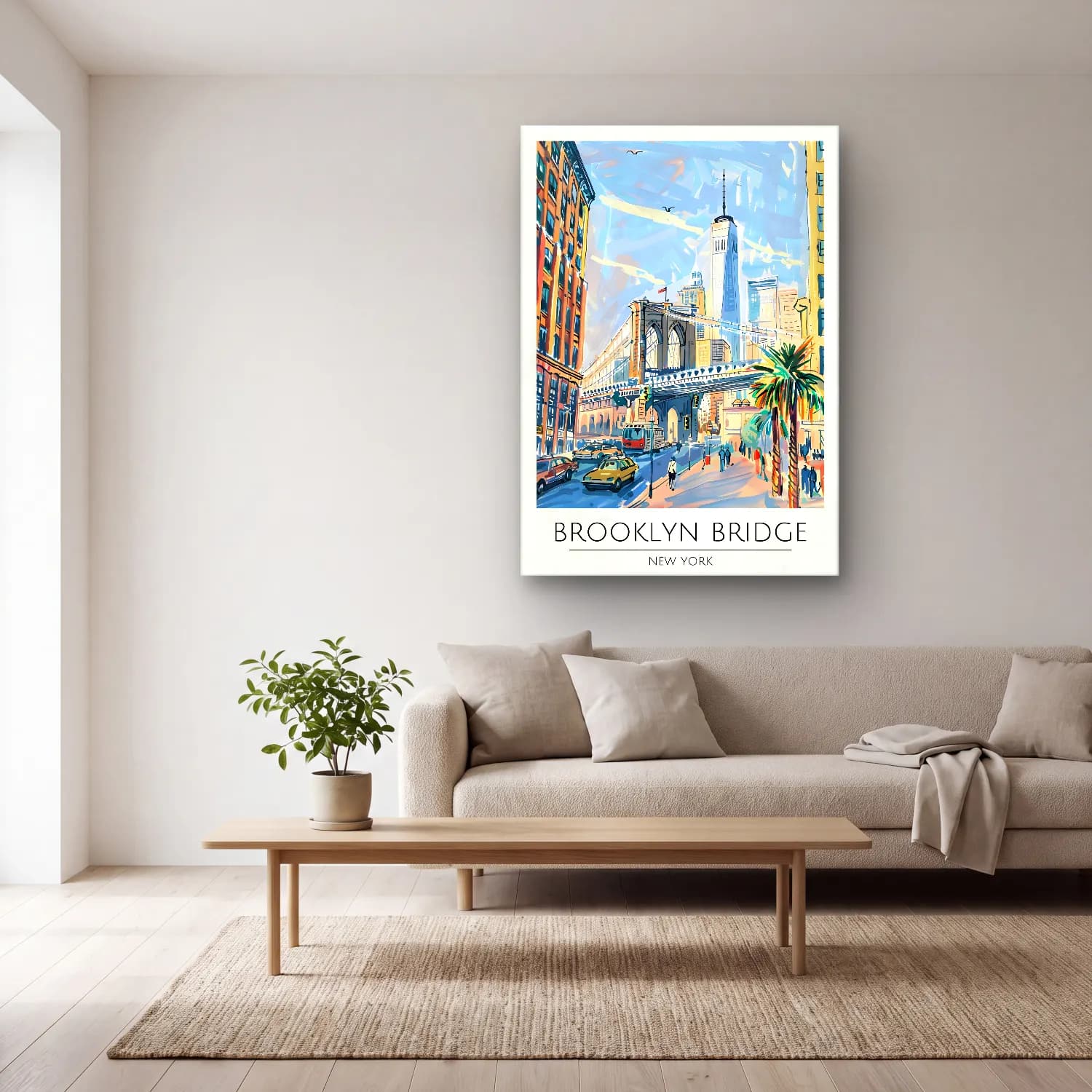 Pastel New York Silüeti No. 14 cam tablo — açık renk salonda