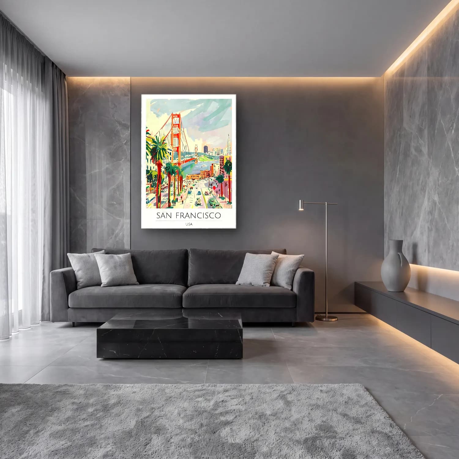 Pastel Köprü No. 9 cam tablo — lüks salon duvarında