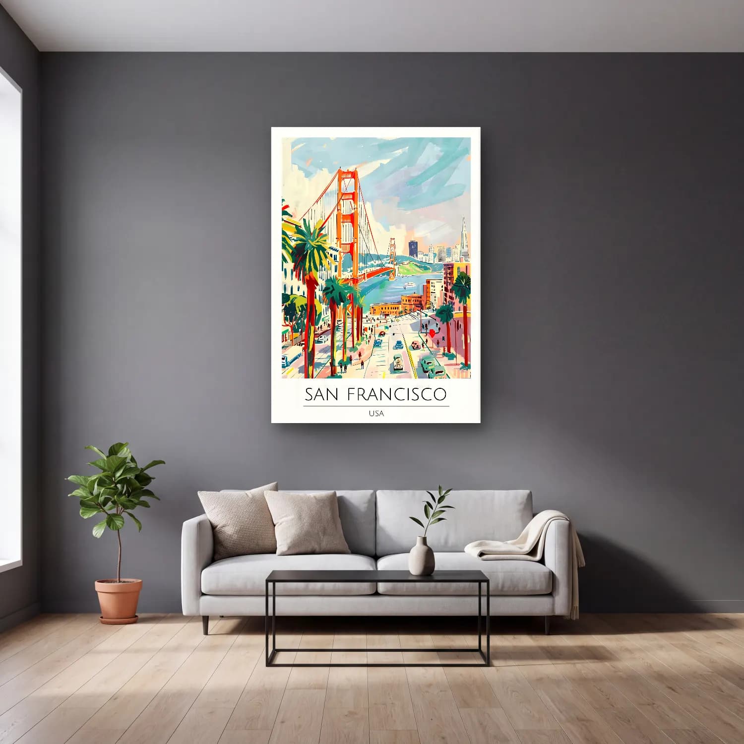Pastel Köprü No. 9 cam tablo — gri duvarlı salonda