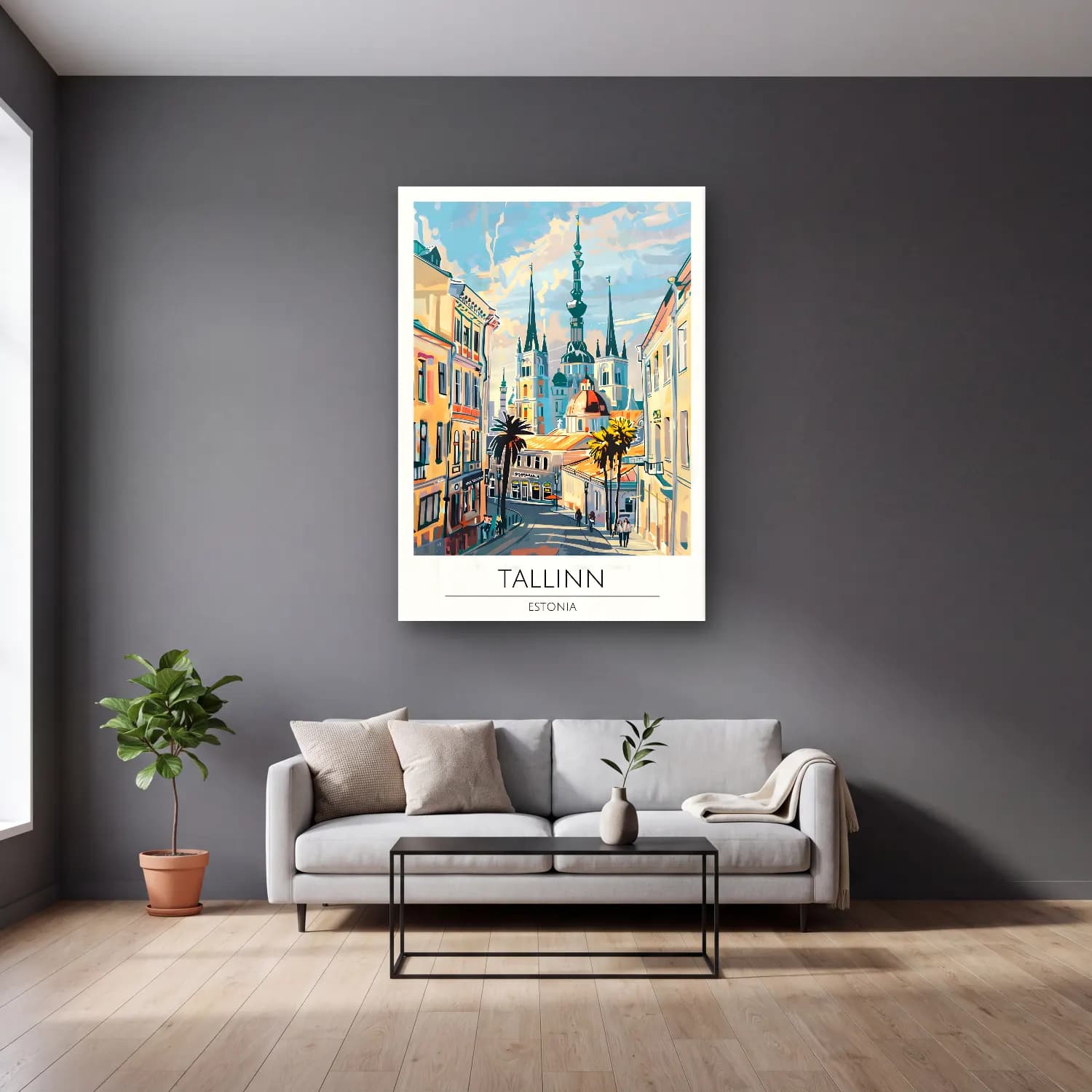 Pastel Katedral No. 19 cam tablo — gri duvarlı salonda
