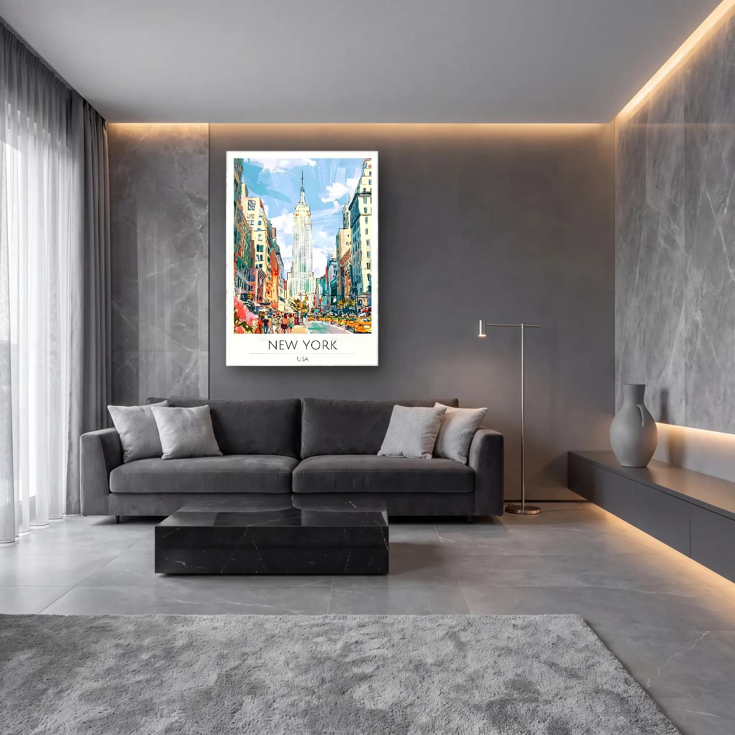 Pop Art New York Silüeti No. 2 cam tablo — lüks salon duvarında