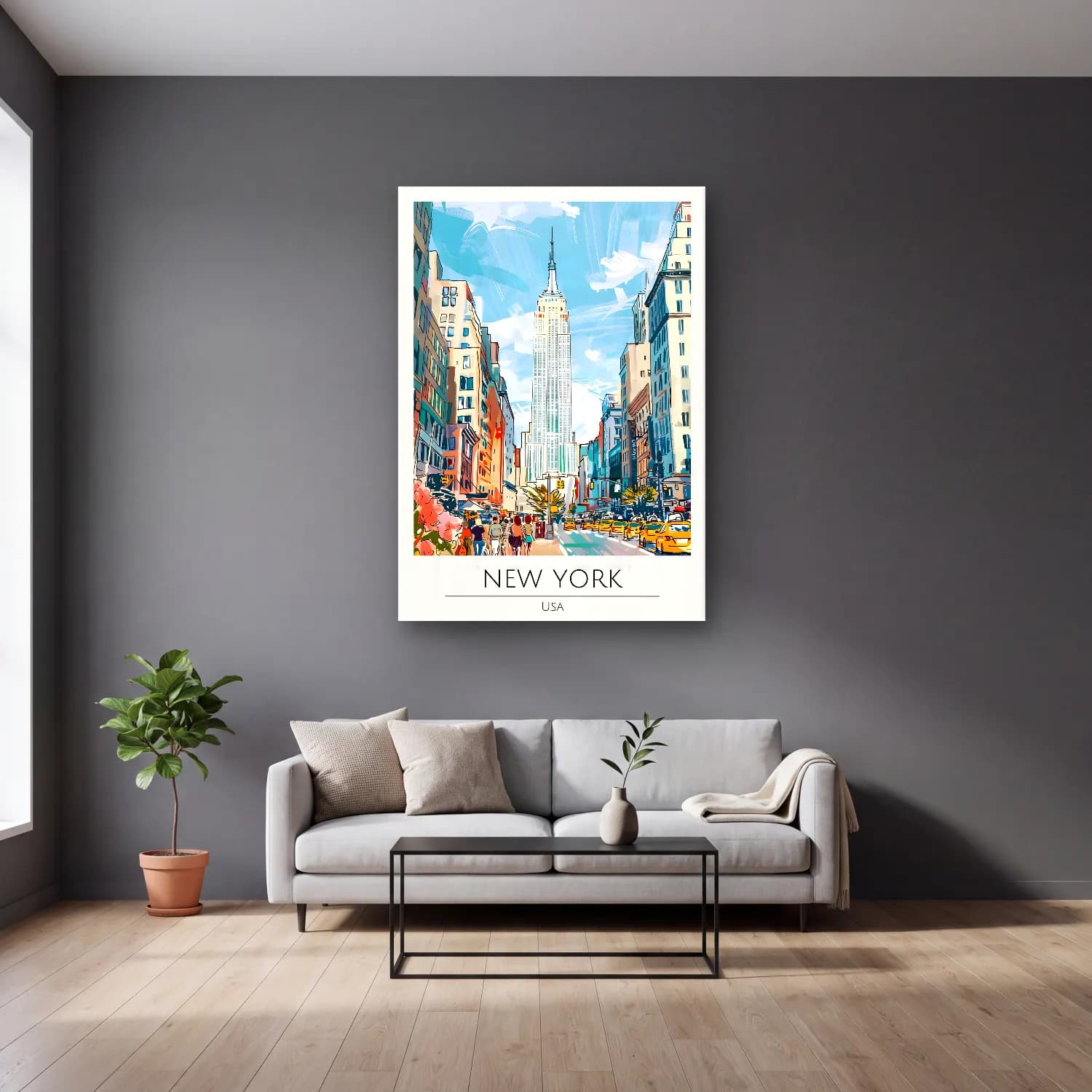 Pop Art New York Silüeti No. 2 cam tablo — gri duvarlı salonda