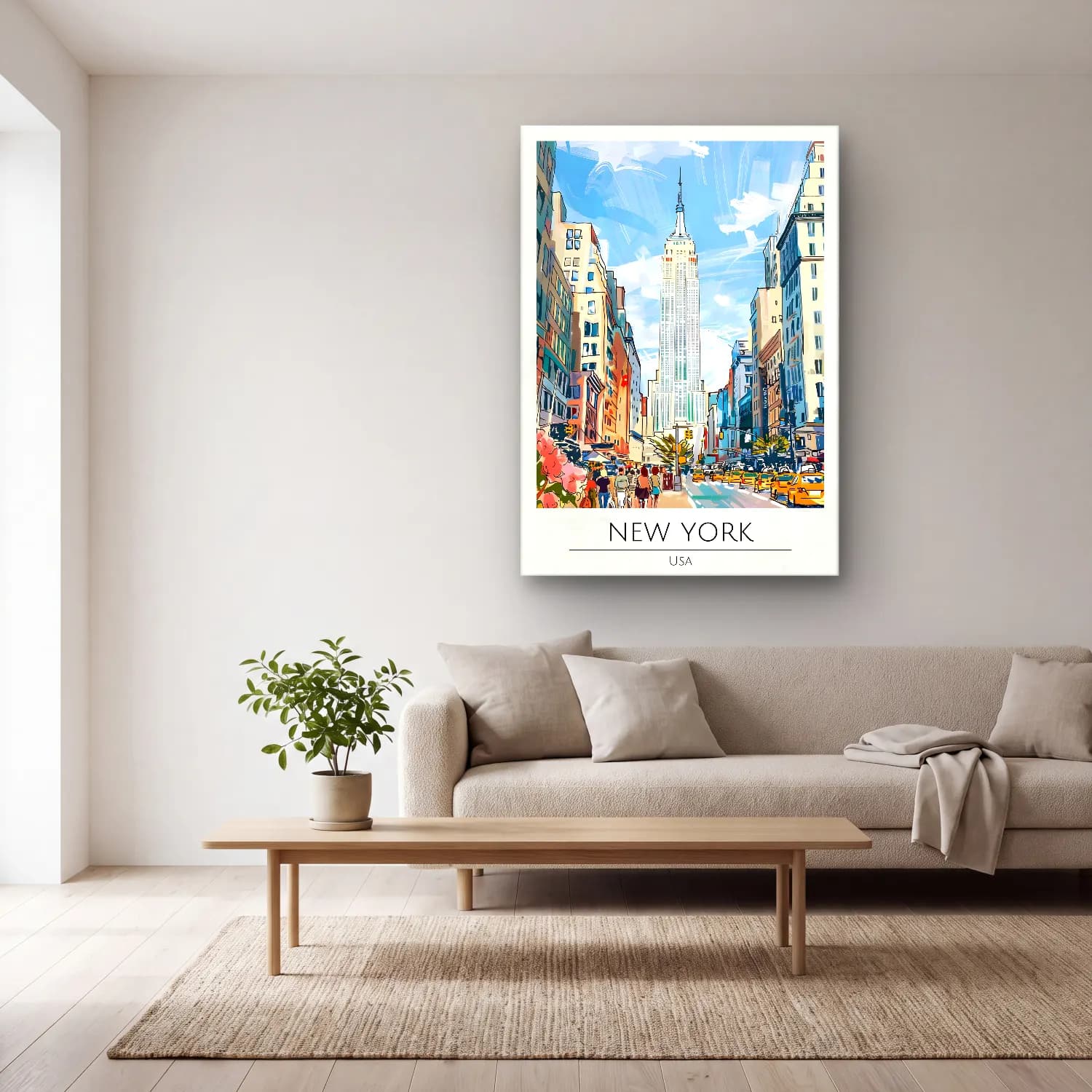 Pop Art New York Silüeti No. 2 cam tablo — açık renk salonda