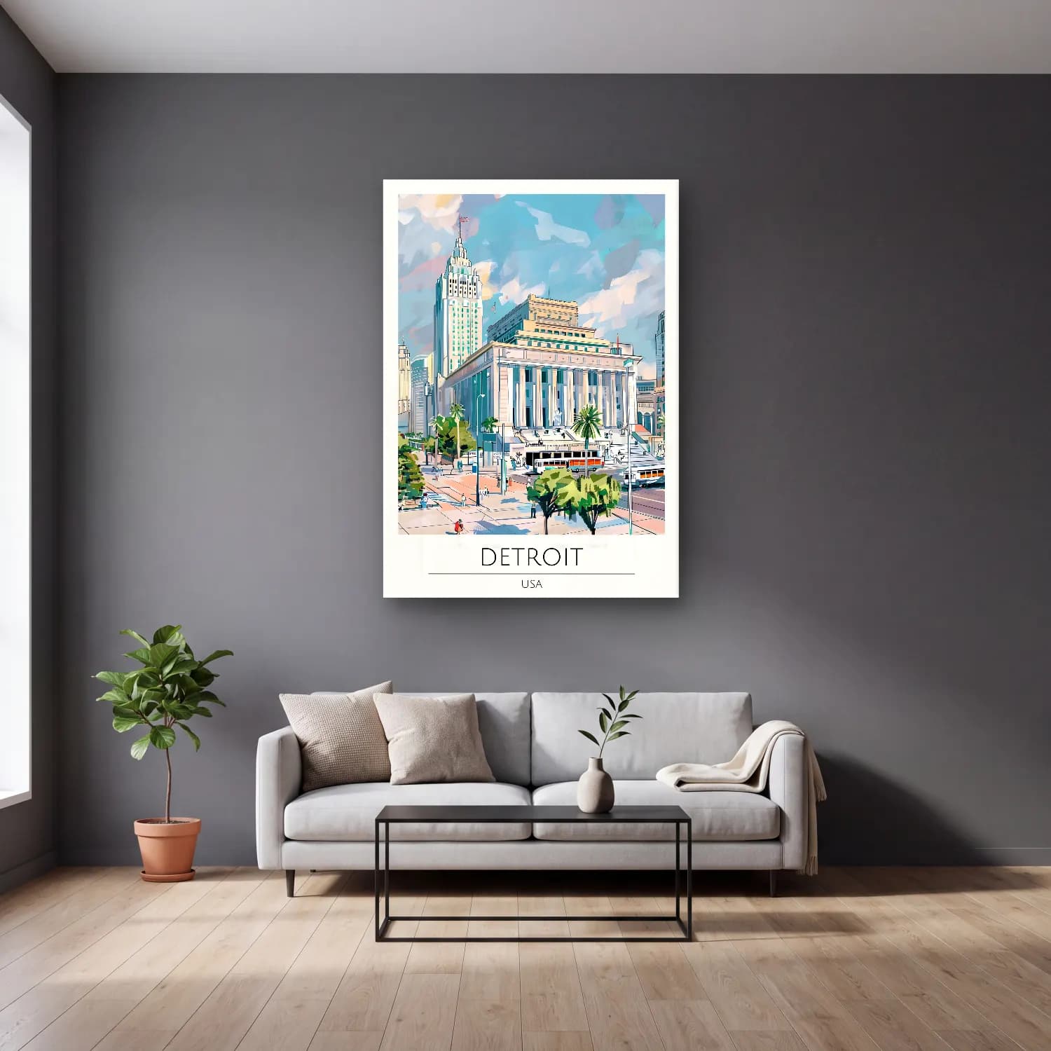 Pastel Katedral No. 20 cam tablo — gri duvarlı salonda