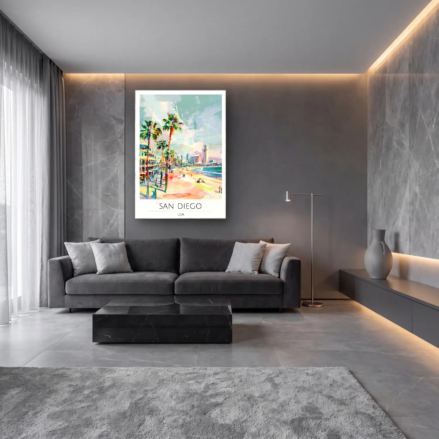Pastel Akdeniz Sahil Kasabası No. 42 cam tablo — lüks salon duvarında