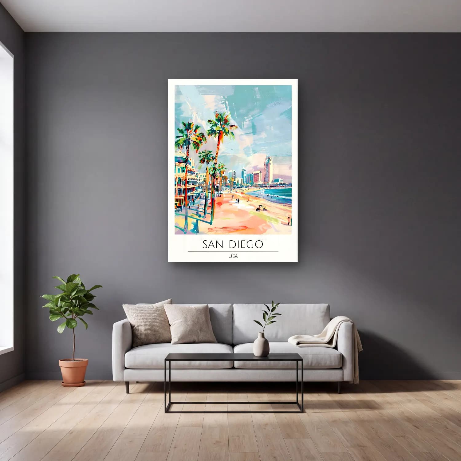 Pastel Akdeniz Sahil Kasabası No. 42 cam tablo — gri duvarlı salonda