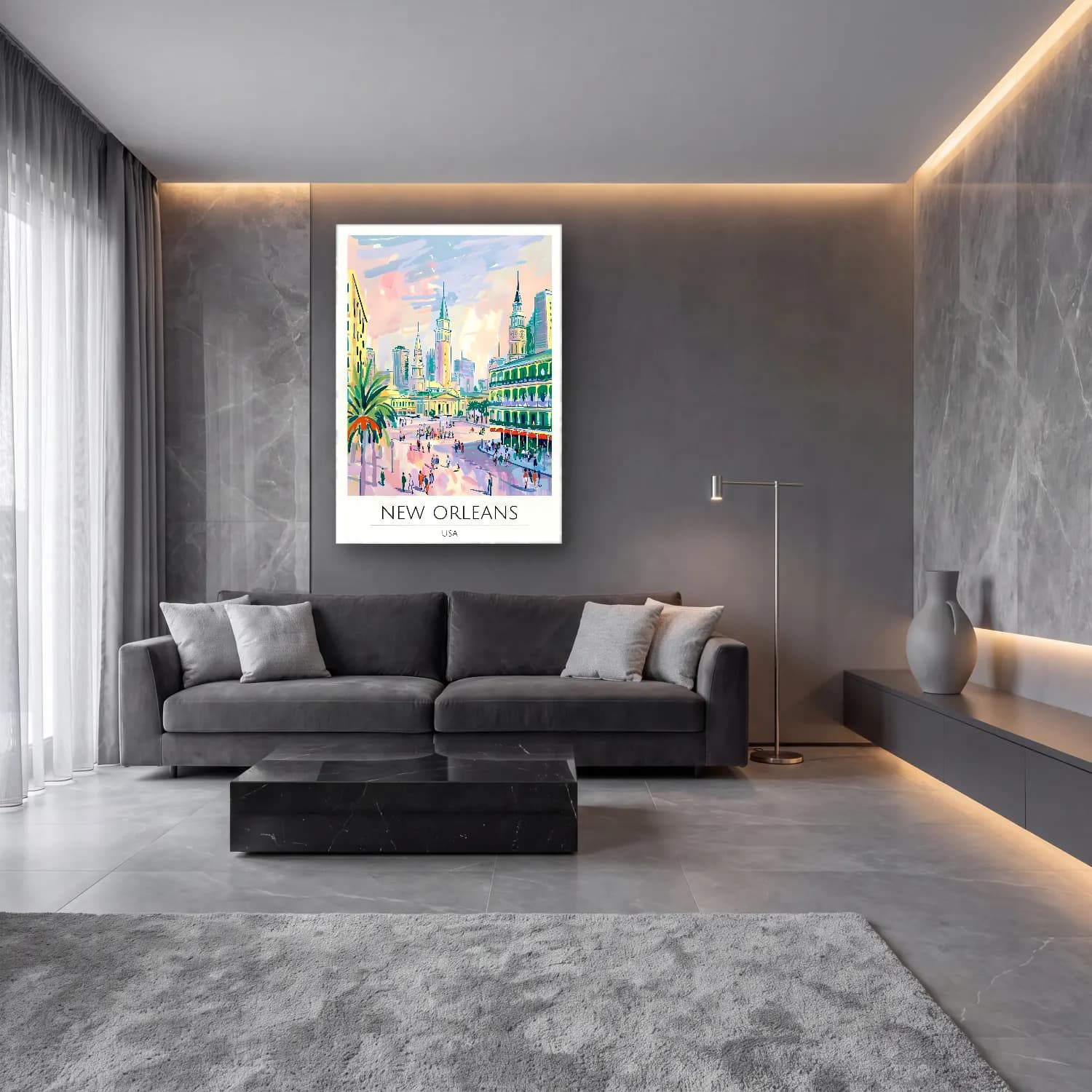 Pastel Kafeli Avrupa Sokağı No. 15 cam tablo — lüks salon duvarında