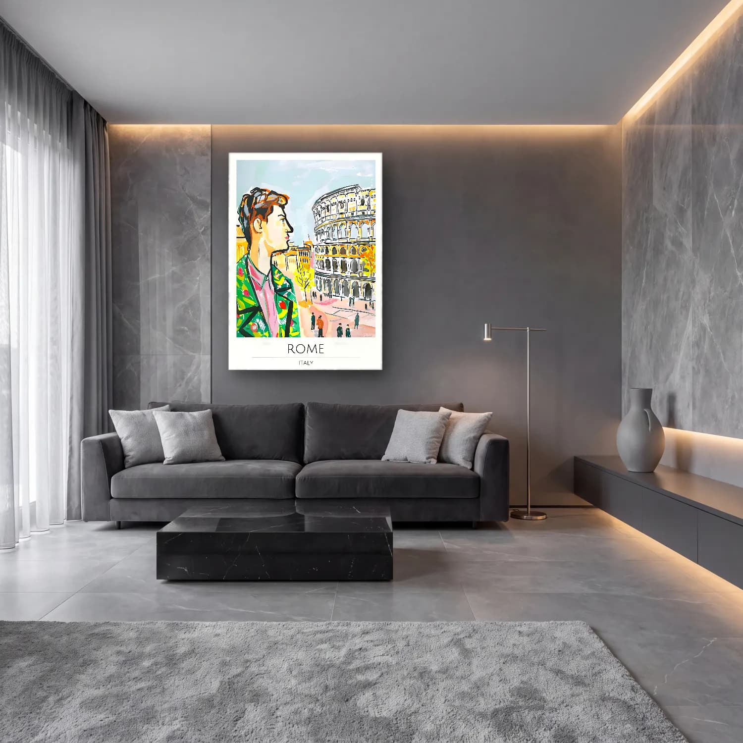 Maksimalist Roma cam tablo — lüks salon duvarında