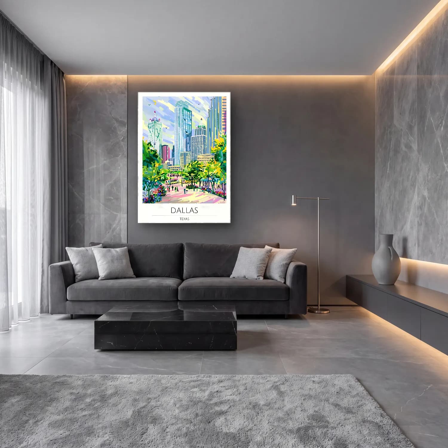 Pastel Japon Şehri No. 31 cam tablo — lüks salon duvarında