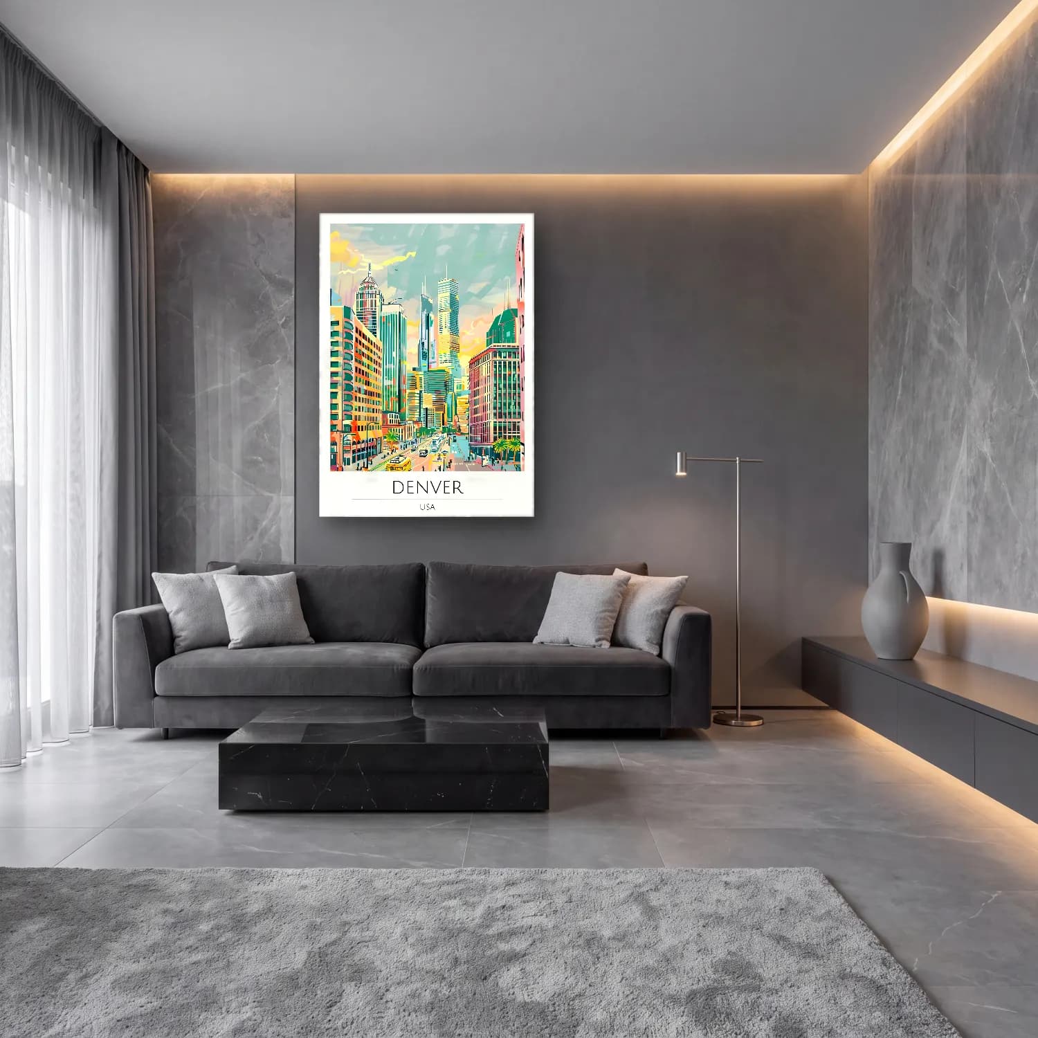 Pastel New York Silüeti No. 15 cam tablo — lüks salon duvarında