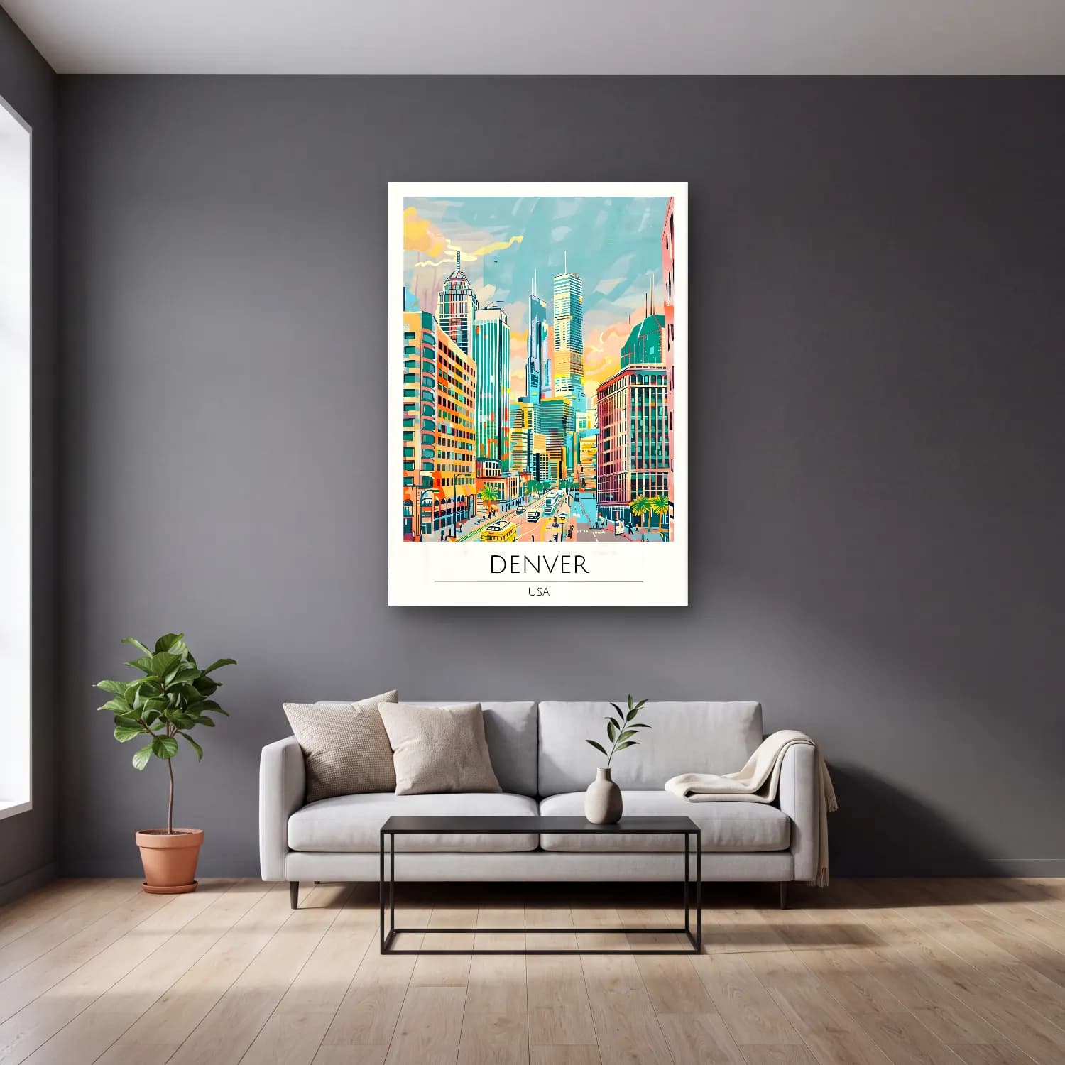 Pastel New York Silüeti No. 15 cam tablo — gri duvarlı salonda