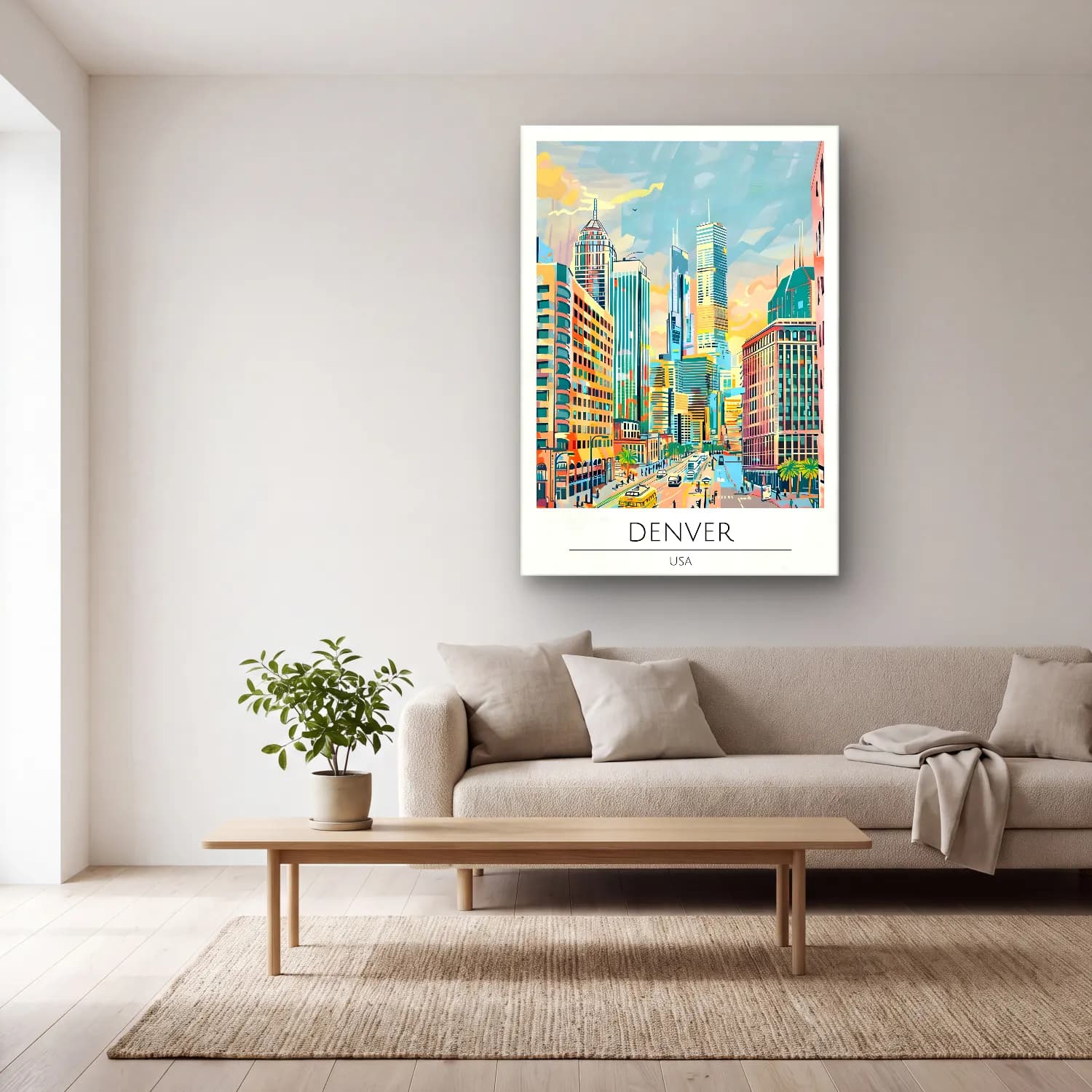 Pastel New York Silüeti No. 15 cam tablo — açık renk salonda