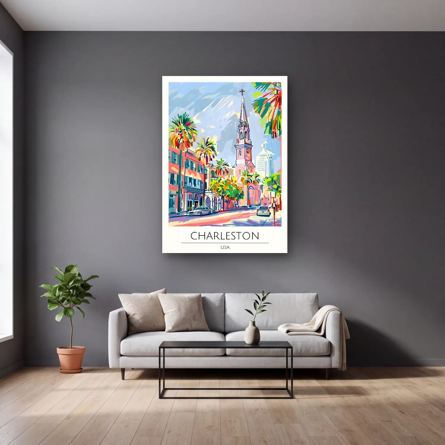 Pastel Katedral No. 21 cam tablo — gri duvarlı salonda