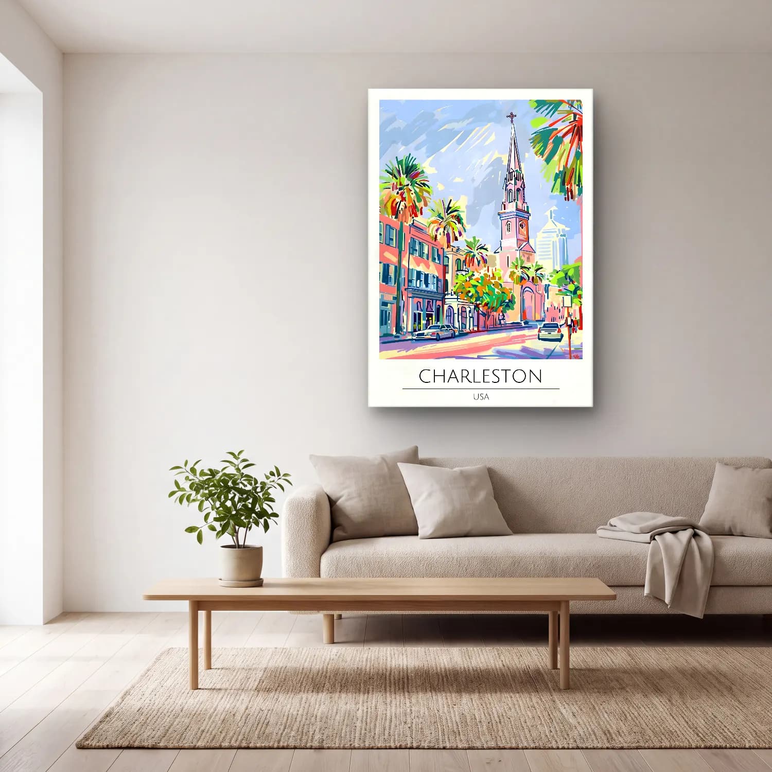 Pastel Katedral No. 21 cam tablo — açık renk salonda