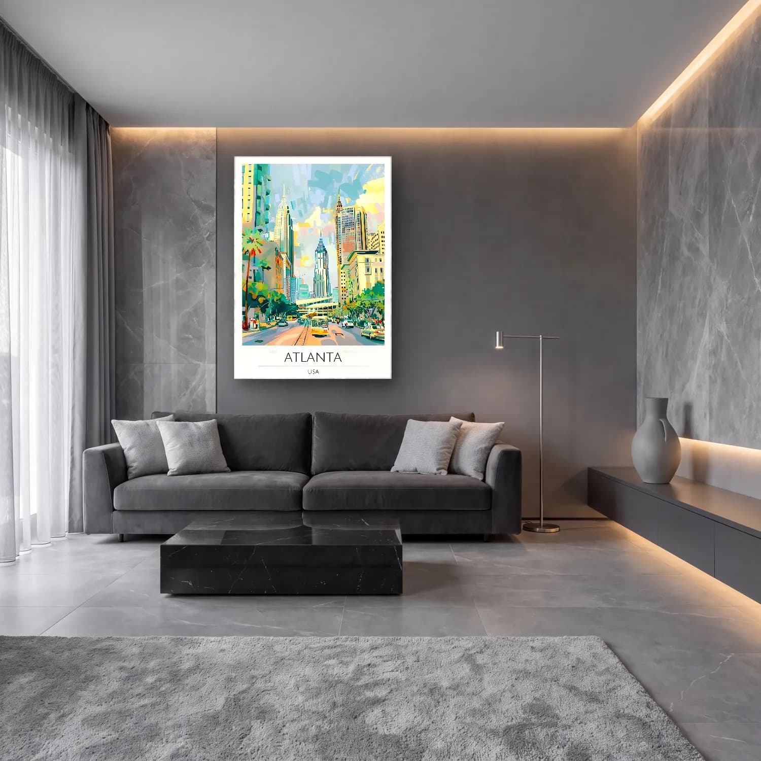 Pop Art New York Silüeti No. 3 cam tablo — lüks salon duvarında